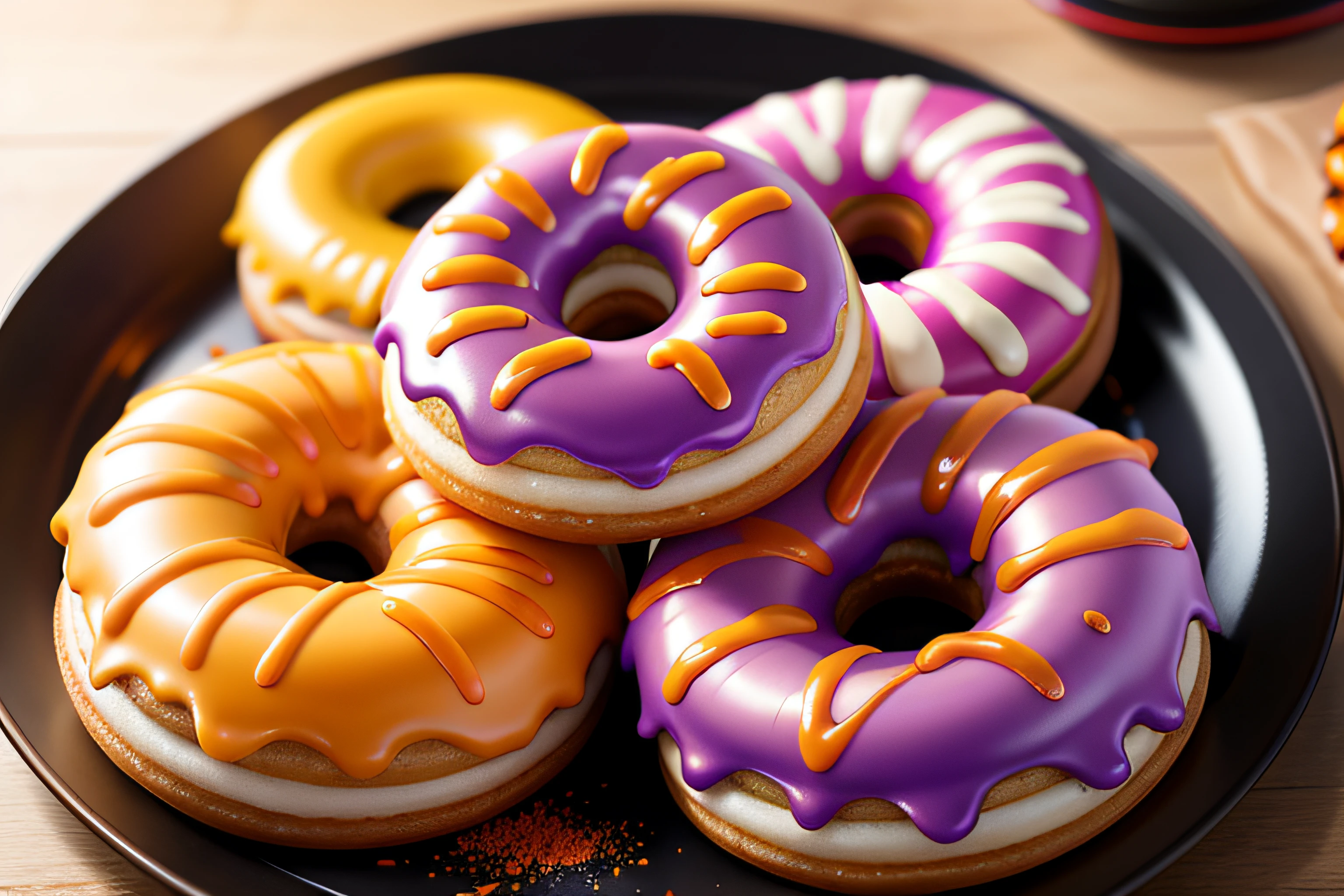(raw photo), halloween themed donuts on a table seen from above, foodphoto, blurred background, full view, 8k, photorealistic image, excellent quality.