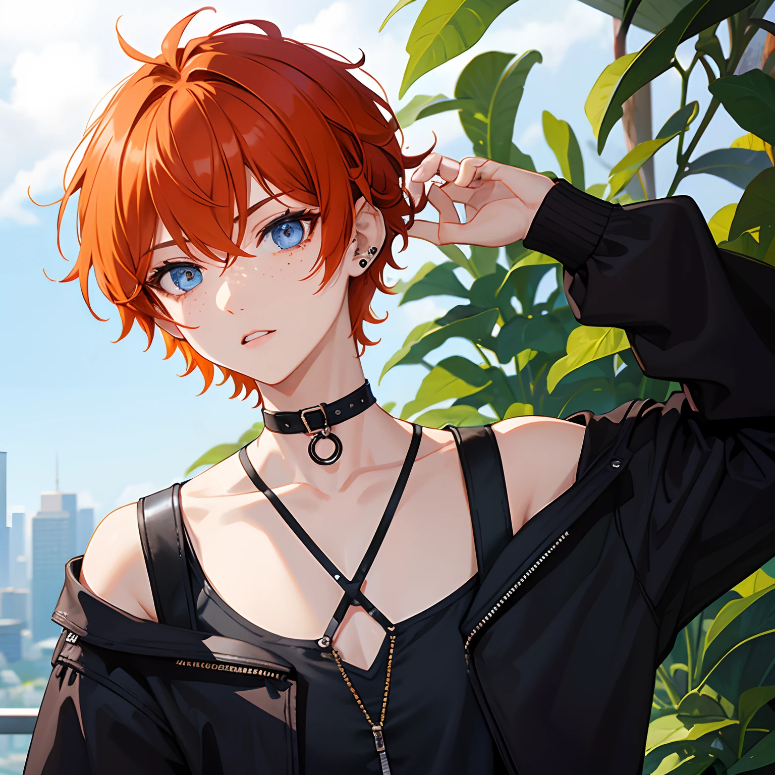 black choker, cool, outfit, portrait, closeup, punk, hot topic, black choker, cool, outfit, masterpiece, detailed, highres, accessories, (ginger orange hair), (curly hair), (very short buzzcut), (blue eyes), freckles, flat chest, androgynous, black tanktop, very short hair, tomboy, very short hair, city background, toned muscles, ear piercing, nature background, boy hairstyle
