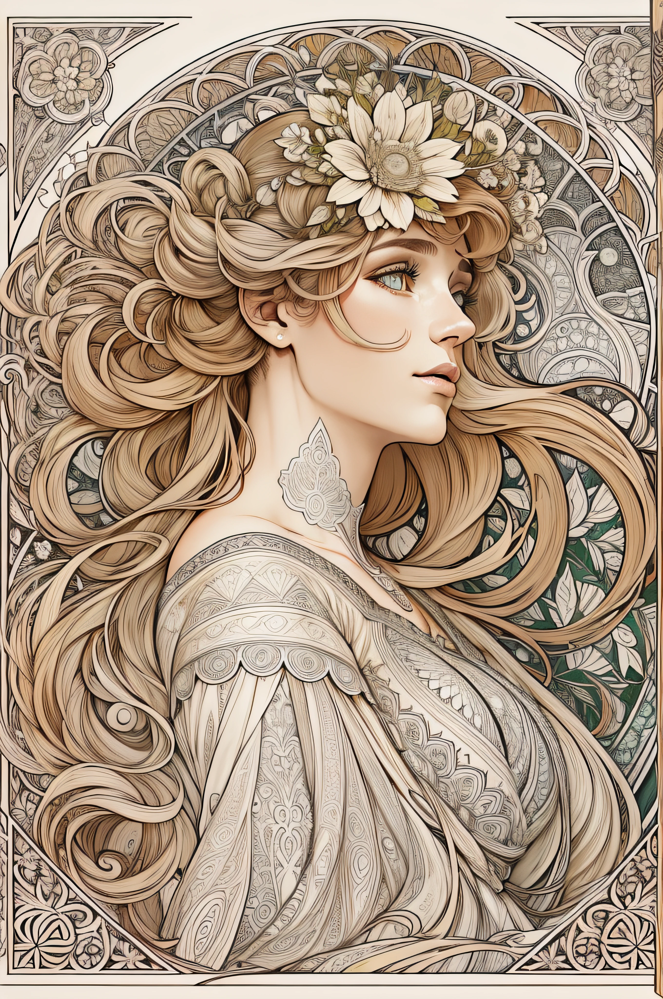 Jardim, book page coloring art, fundo branco completo, Use only the outline, arte de linha, livro para colorir, Arte de linha limpa, Mandala para colorir com enfeites da natureza, arte de linha simples e limpa, coloring book page, adornado em estilo Art Nouveau, com um toque de pincel de Alfons Mucha, detalhes perfeitos, real, cabelos brancos, unfilled hair, contorno apenas de cabelo.