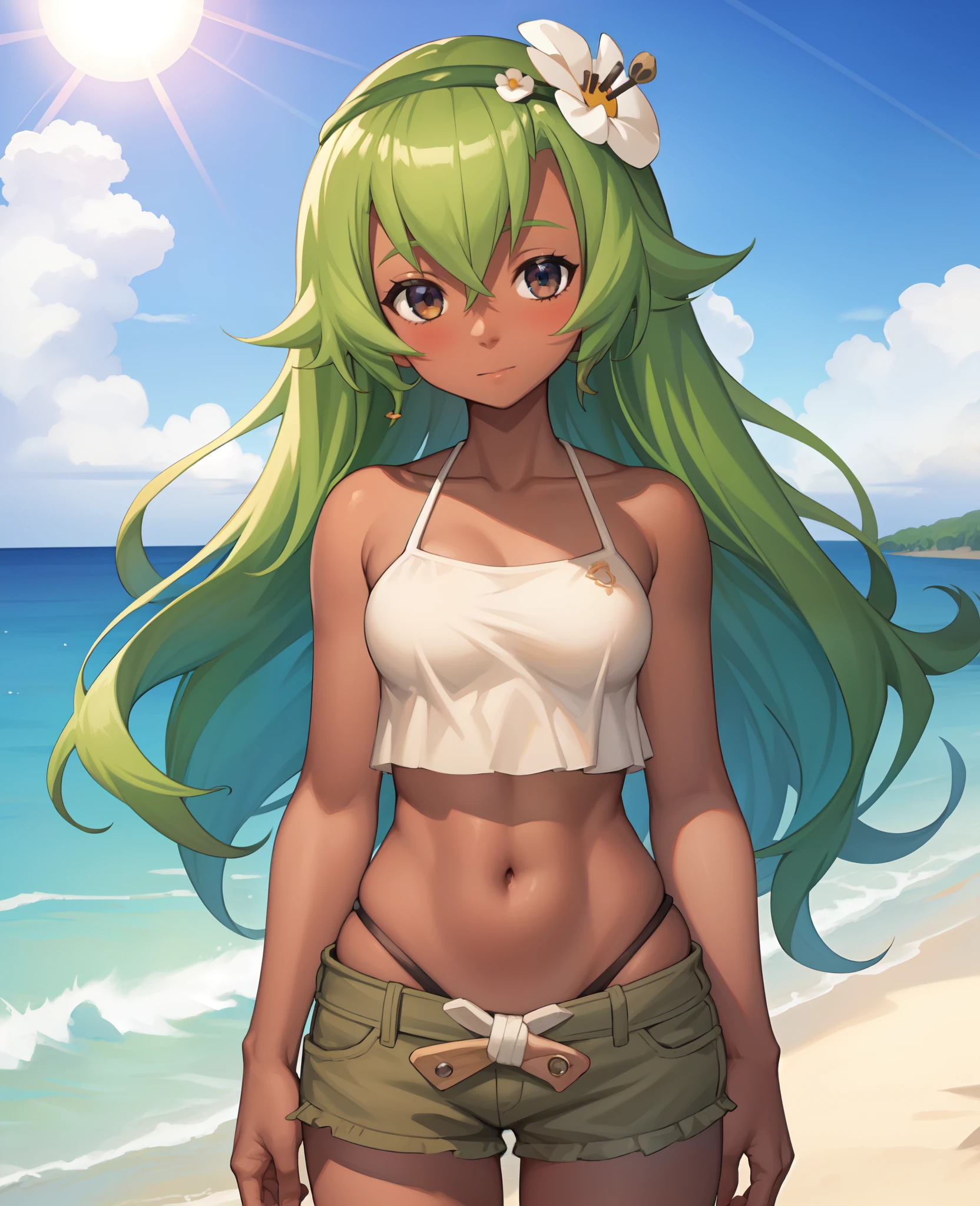 masterpiece, best quality, 1girl, amaliayoung, dark skin, dark-skinned female, long hair, solo, midriff, navel, beach background, blue sky, sunshine