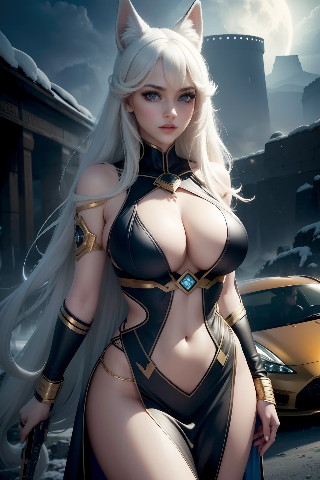 woman with，golden curly hair，blue color eyes，White fox ears，Realistic visuals of black tight dress，attractive beautiful，dramatic contrast，Gentle lighting，Delicate warmth，the soft light，hyper HD，Extremely colorful，best qualityer，Snow-whiteskin，8K high quality，Sexy goddess，A pair of big eyes are beautiful and moving，White skin，Makeup，Sexy outfit，Armed with futuristic modern weapons，gold；jewely；Blue Electric，【Background with】Large gears，Large gears，Doomsday ruins，Giant tornado，Strange sky，Lightning Thunder，The setting sun burns the dark clouds，Multiple planets，The end of the world，Multiple planets，Mards，Jupiter，Mercury，Strange sky，The Eiffel Tower，Egyptian pyramids，Great Wall of China，Giant Tornado ultra-futuristic car，Cool headlights