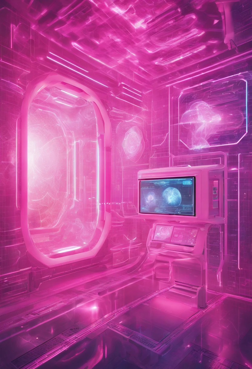 Alien regeneration room with symbology of the quantum holographic system, Quantum holography of sacred geometry forming capsule for the person to lie there to heal a gigantic, Lounge minimalista, A stunning laboratory, Where aliens and experts conduct advanced genetic studies. The atmosphere is saturated with intricate extraterrestrial symbolism, and holography flows through space, adicionando camadas de complexidade visual. At the center of this scenario, An alien doctor stands out in her realistic pink costume, cujo olhar cativante e expressivo, Feature Two T-Grey, contrasts with his large head and delicate facial features. The camera, positioned at a strategic distance, captures a panoramic view that encompasses both the breadth of the laboratory and the expertise of the physicians who dedicate themselves to their tasks with precision. In the midst of futuristic technology, The lab proves to be a site of deep genetic exploration, where the combination of alien medical skills and technological advances results in a breathtaking visual and scientific spectacle.