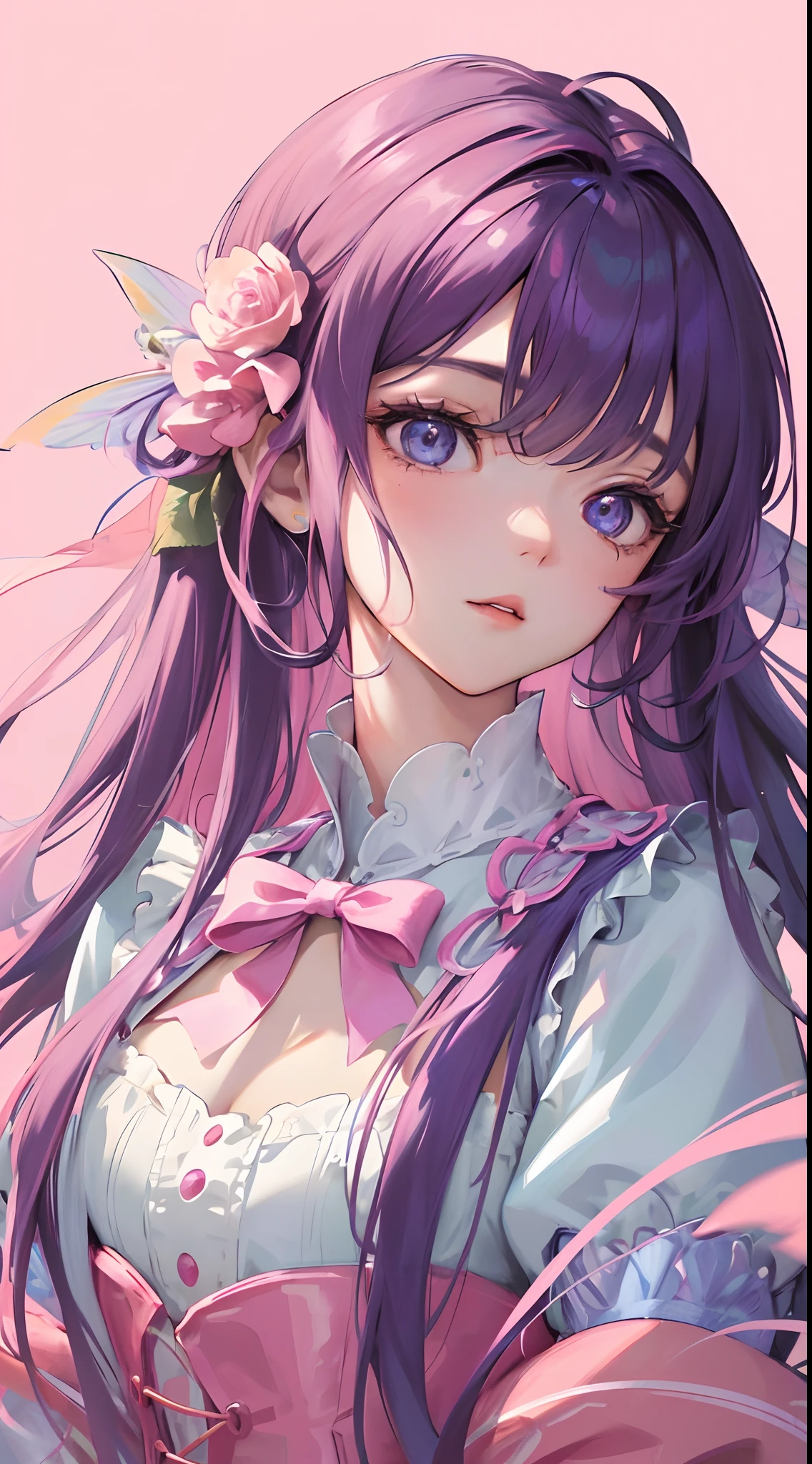 (Daisaku),(Need),(Super meticulous)A high resolution,best qualtiy,one-girl,pinkskirt,Beautiful Meticulous Girl, very detailed eyes and faces, adolable, Cute face,Sweet and dreamy, Fairy tale character art, Detailed fanart, princess portrait, fairy-tale illustration style, fairytale artwork(beautiful detailed face),(美丽细致的眼睛),Light pink background(half-body portrait)(half-body portrait)