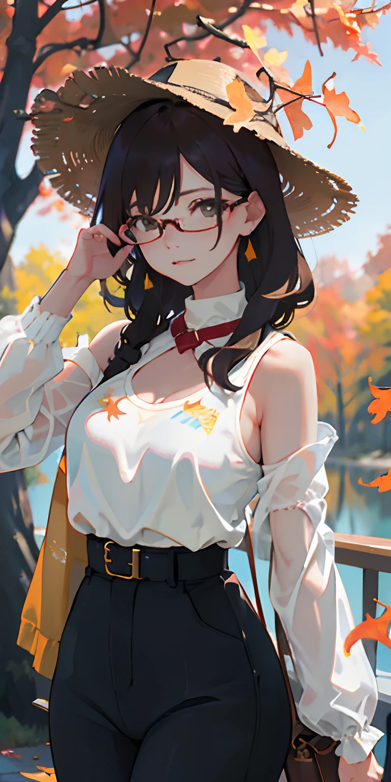 realisticlying、girl with、Outdoor Fashion、Autumn leaves Autumn leaves、Beautiful ginkgo tree、Wearing glasses, the chest is slightly larger and emphasizes cleavage、Sexy Posing、Nature views