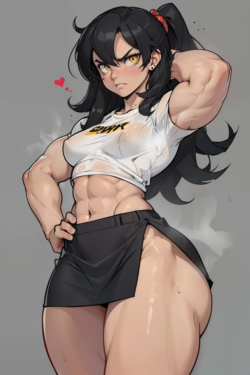 (((((muscular 1 girl))))), (((thick thighs, small breasts, toned body 1 girl))), black hair, yellow eyes, angry, (tight shirt mini skirt very long hair pale skin) navel