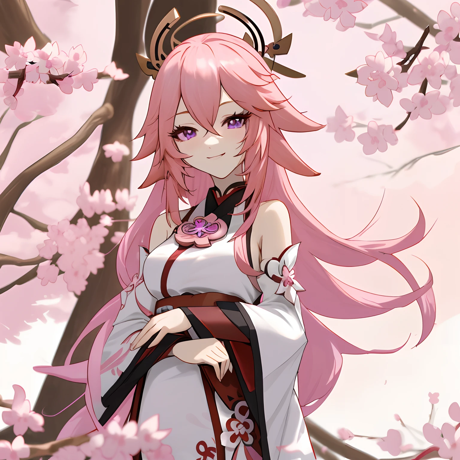 anime girl, pink hair, long hair, yae miko, purple eyes, slanted fox ears, red and white hanfu, smiling softly, sakura tree background, japanese shrine, foxes, anime style, genshin impact, azur lane, honkai impact