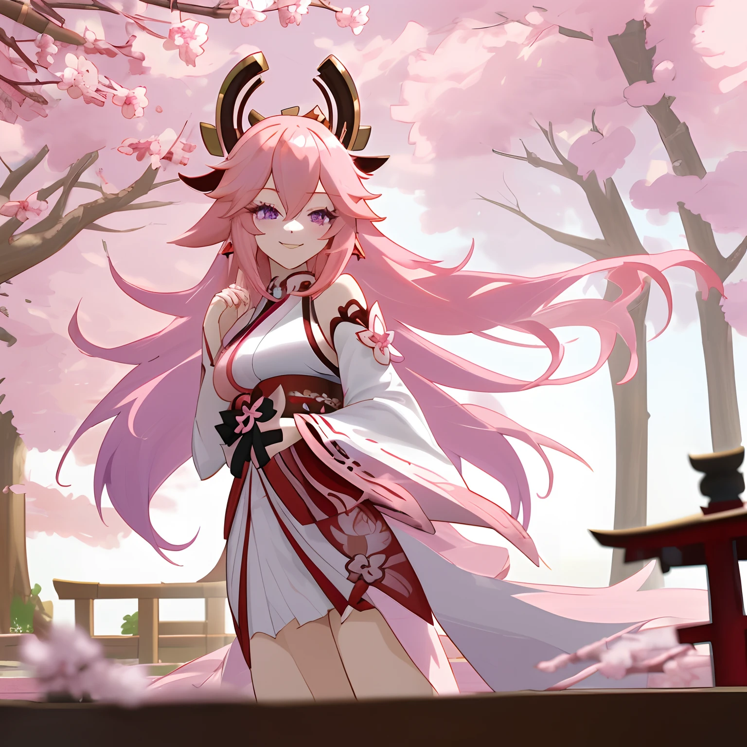 anime girl, pink hair, long hair, yae miko, purple eyes, slanted fox ears, red and white hanfu, smiling softly, sakura tree background, japanese shrine, foxes, anime style, genshin impact, azur lane, honkai impact