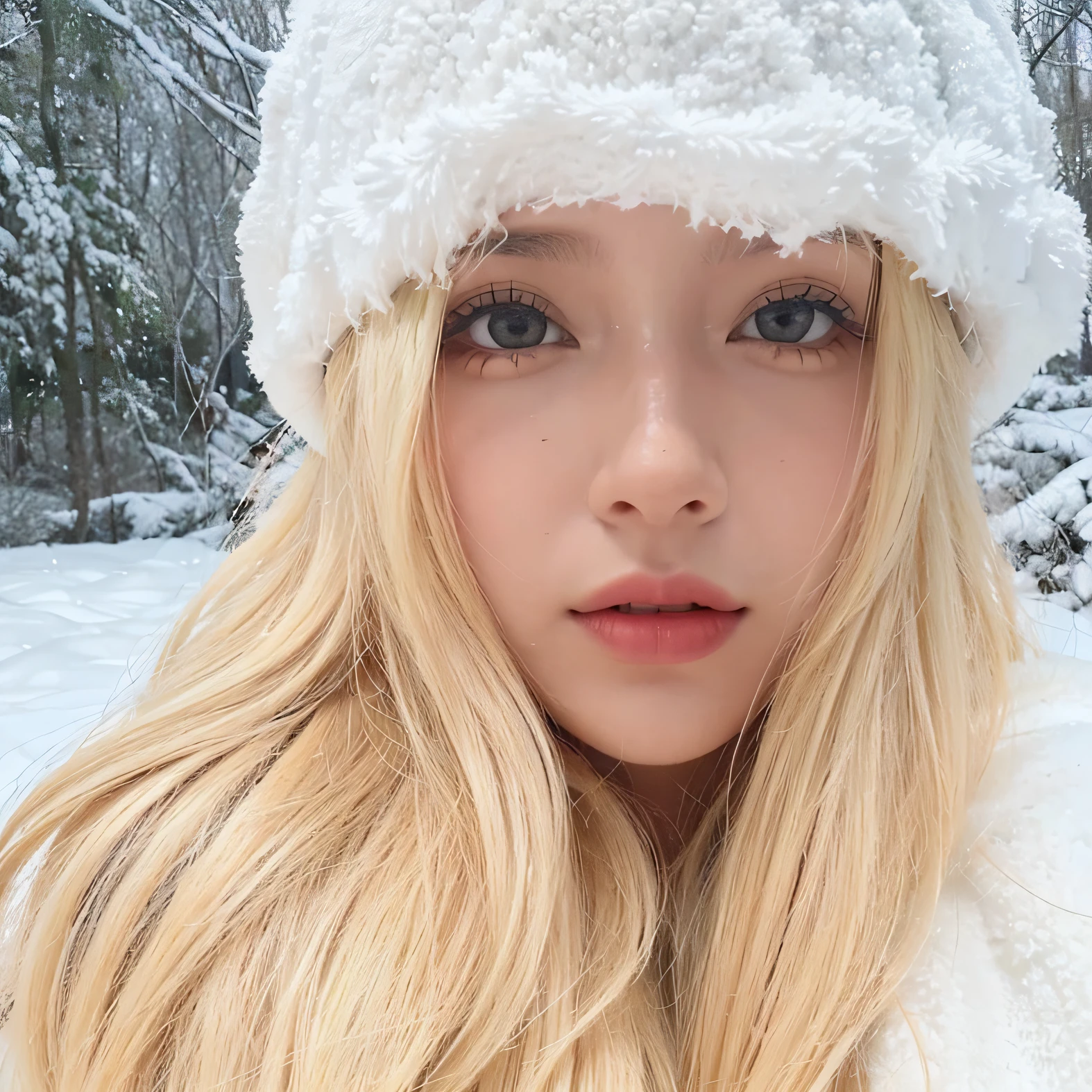 luz suave, uma mulher loira no meio de uma floresta de inverno, com olhos verdes