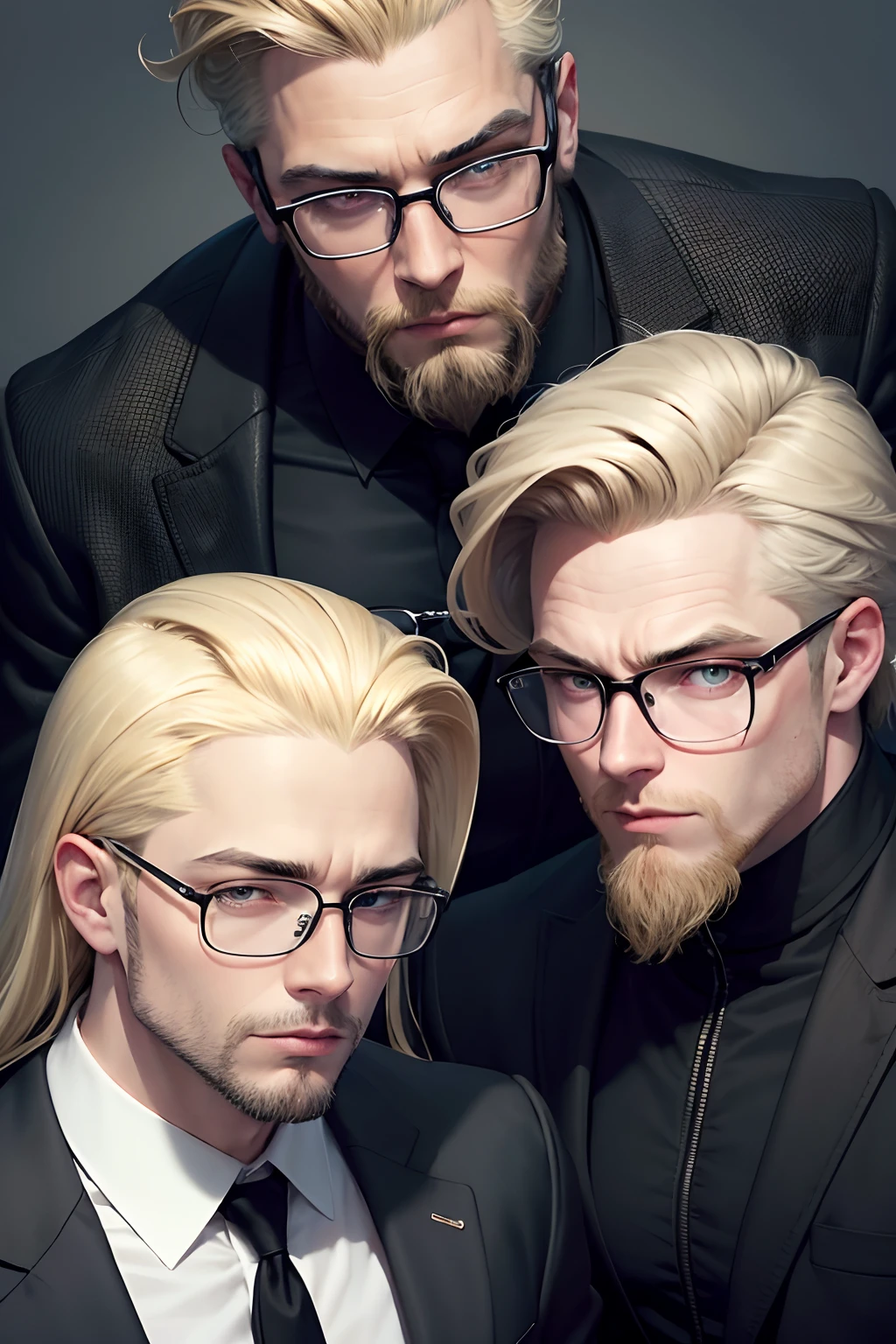 blond man with glasses and beard wearing black jacket and black shirt, man with glasses, in square-rimmed glasses, blonde man, thick rimmed-glasses, with glasses and goatee, style of jesper ejsing, with square glasses, wearing black rimmed glasses, long swept back blond hair, thick - rimmed glasses, wearing square glasses