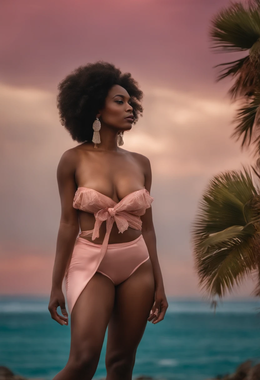 Portrait of a thin black woman with large breasts and clammy skin, Curly Afro, corps entier, jupe moulante blanche,  chemise rose, high resolucion, NSF.