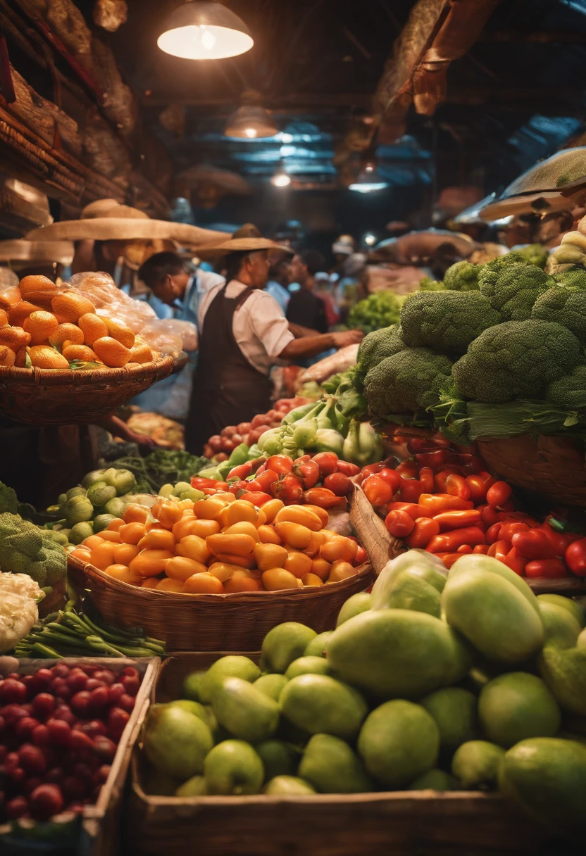 Main title:"Hands-on" at the wet market,We are all winners
subheading:Adding "code" to life,Bargaining is fireworks
Market,a sea of people,Vegetables and fruits,high detal,4k,Cinematic light effects