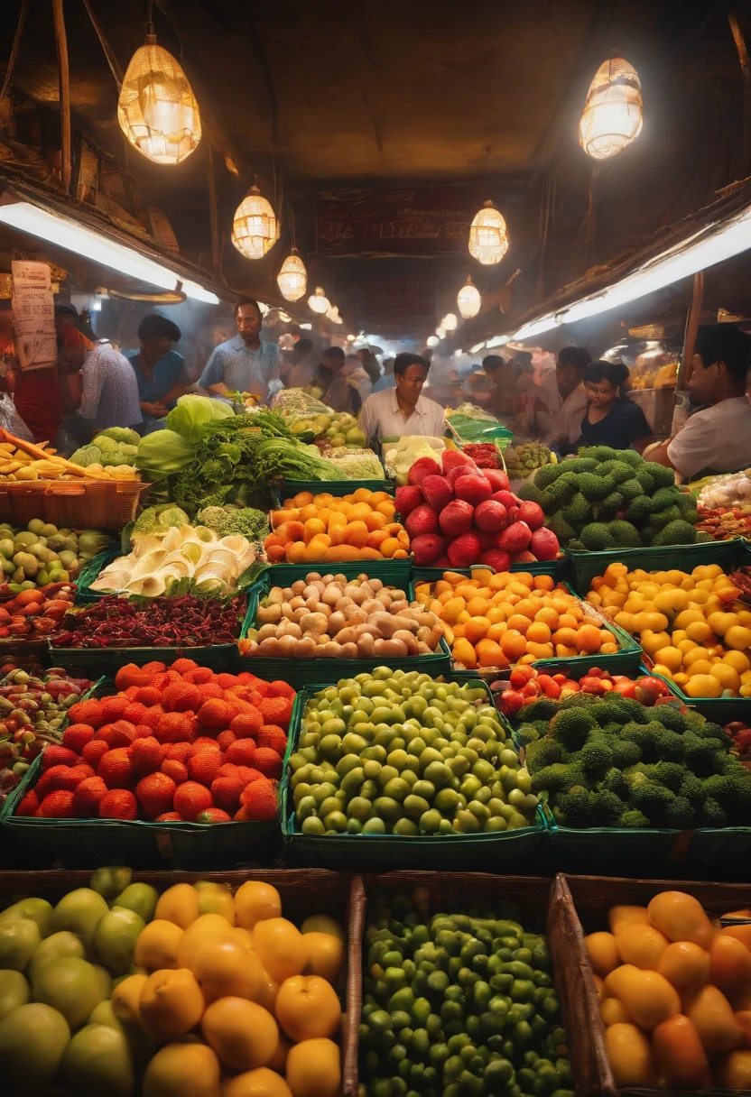 Main title："Hands-on" at the wet market，We are all winners
subheading：Adding "code" to life，Bargaining is fireworks
Market，a sea of people，Vegetables and fruits，high detal，4k，Cinematic light effects
