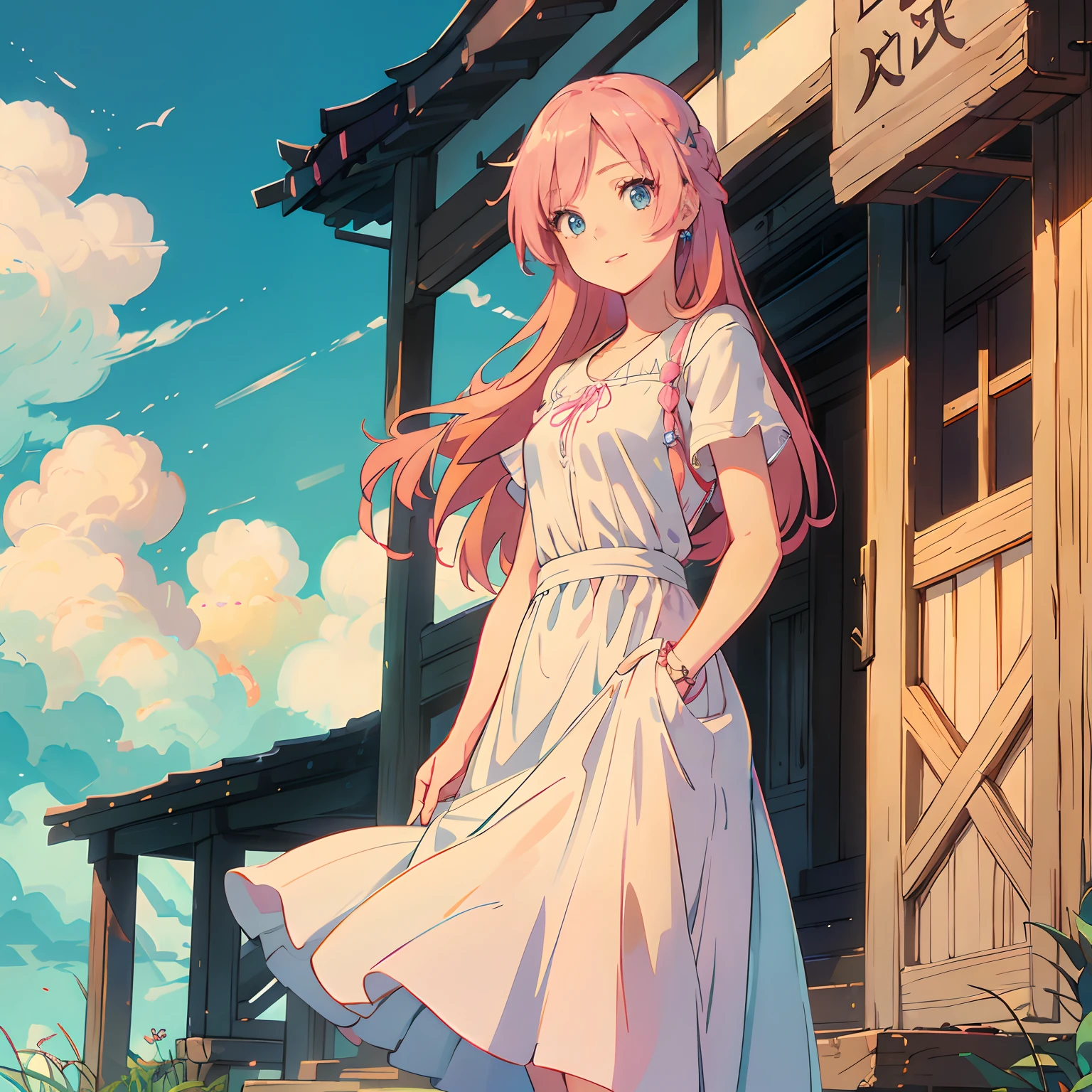 A young girl with long orange-pink hair and blue eyes, takes a selfie to post as her instagram profile picture. She is smiling at the camera, with her hair blowing in the wind. She is wearing a white dress, which she bought specifically for the occasion, and she looks stunning in it. The blue sky reflects her eyes. She snaps a picture, with her face in full view. It's the perfect picture. close up on her face