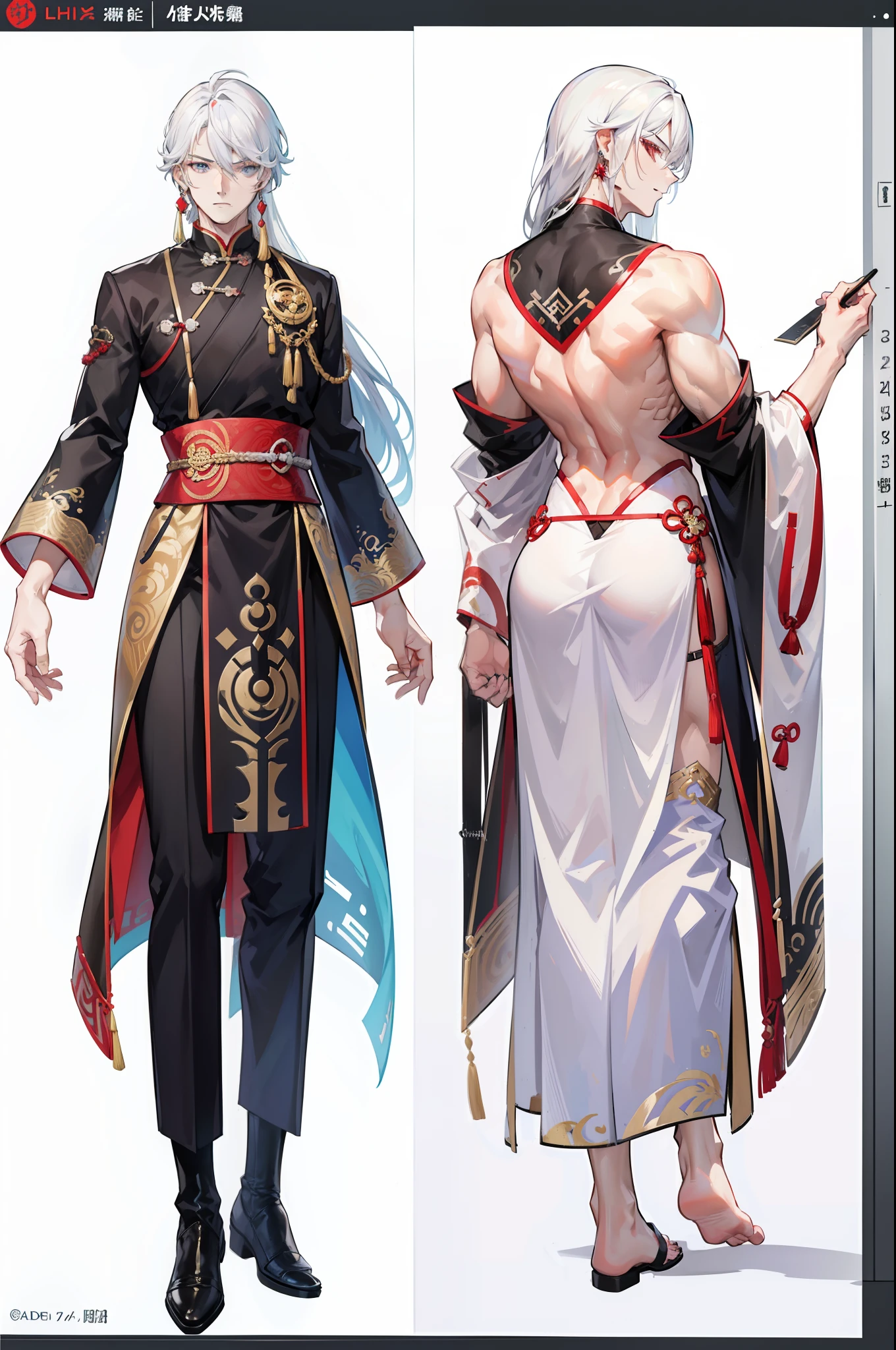 Character sheet, Handsome male. Perfect face, 6 ft 5 tall man. White hair. Long hair. Grey eyes. Eyepatch. Earrings. Toned body. Muscular male, character design sheet,full bodyesbian, Full of details, body front view, body back view, Full body, front and back view, muscle body, Traditional chinese clothes. Genshin Impact. Hydro vision. Bulge in pants. Liyue, ((Masterpiece, Highest quality)), Detailed face, character design sheet, full bodyesbian, Full of details, frontal body view, back body view, Highly detailed, Depth, Many parts,