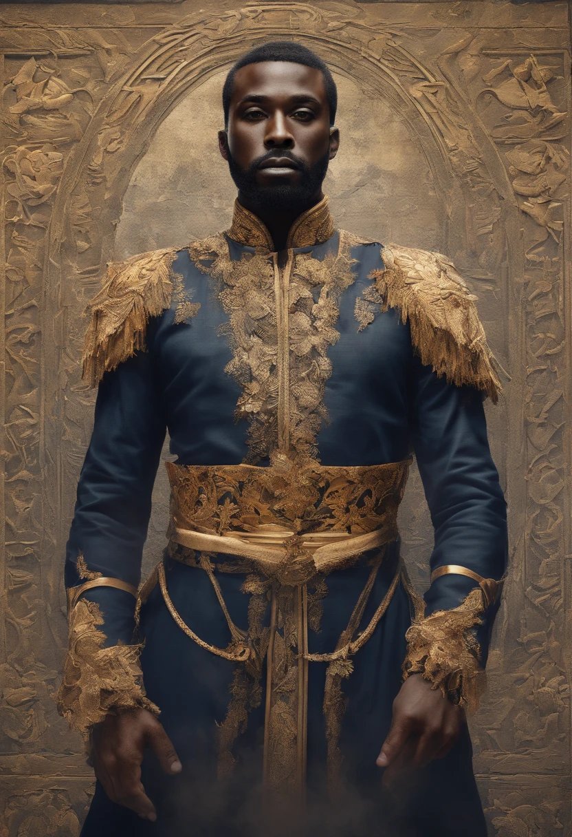 Haitian King,detailed portrait shot,Tenue royale,Golden Crown,barbe,Expression royale,yeux profonds,Fier et digne,Traits du visage exquis,dark skinned,Position majestueuse,Couleurs vives,Contexte traditionnel,Riche symbolisme culturel,Inspired by Haitian folklore,Leadership inspirant,Graceful elegance,Traditional Artistic Medium,Impressionnant coup de pinceau,lifelike texture,Stunning visual impact,(Best quality,4K,8k,high resolucion,Masterpiece:1.2),Ultra-detailed,photoreallistic,HDR Lighting,mise au point nette,Rendu physique,Haitian Heritage,Souverain fier et puissant,Charismatic presence,Comportement fort et confiant,Decorative embellishments,A symbol of strength and resilience,Accurate depiction of a historical figure.
Character Detail Reference:https (en anglais)://Images.Unsplash...com/photo-1529815317592-de8d925be3b4