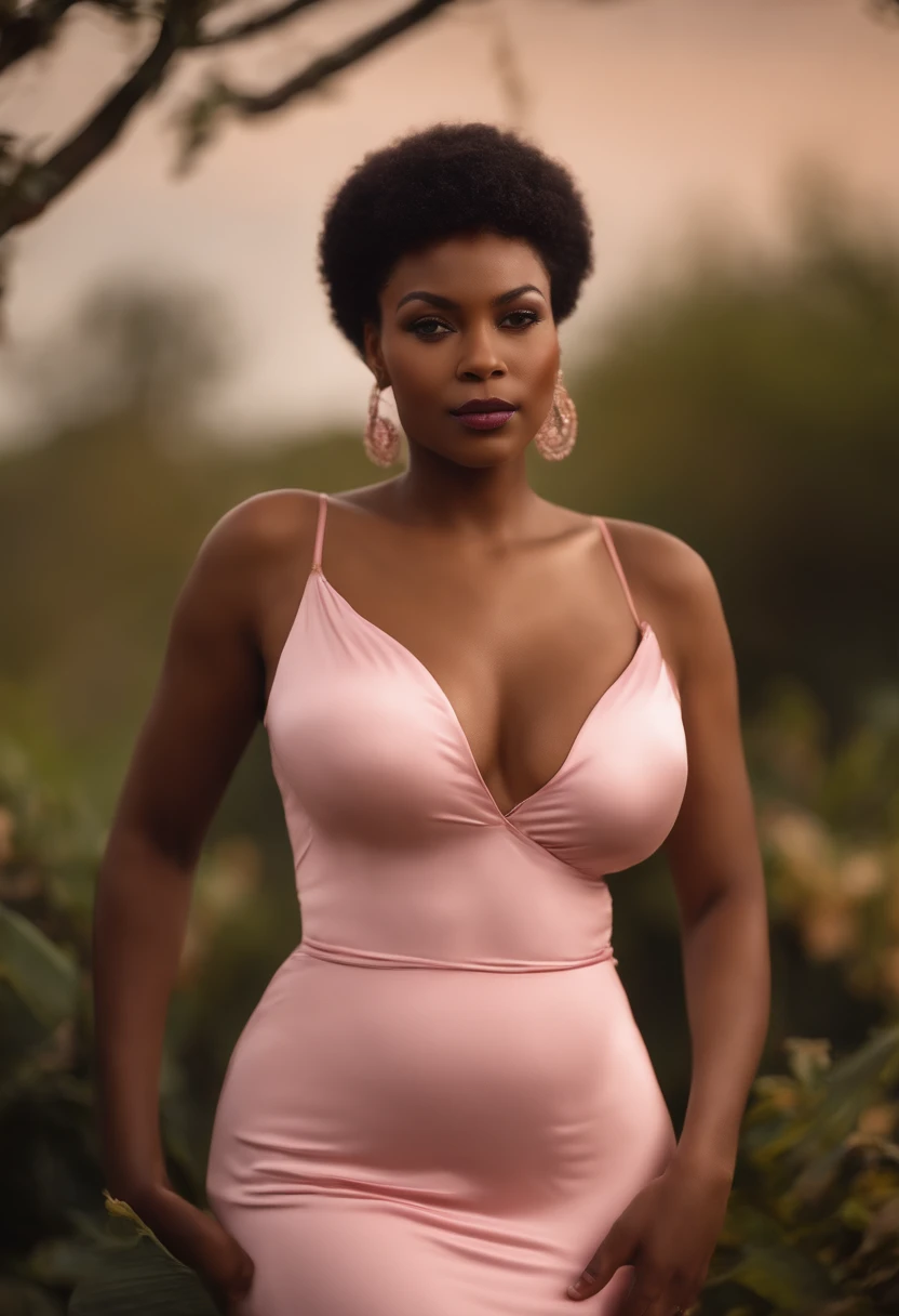 Portrait of a thin black woman with large breasts and clammy skin, short hair, corps entier, jupe moulante blanche,  chemise rose, high resolucion, NSFW.