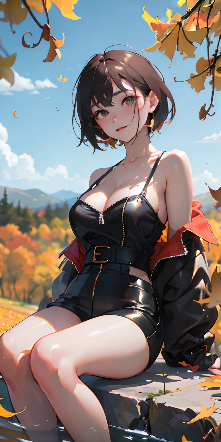 realisticlying、girl with、Outdoor Fashion、Autumn leaves Autumn leaves、Beautiful ginkgo tree、Slightly larger breasts with an emphasis on cleavage、Sexy Posing、Nature views