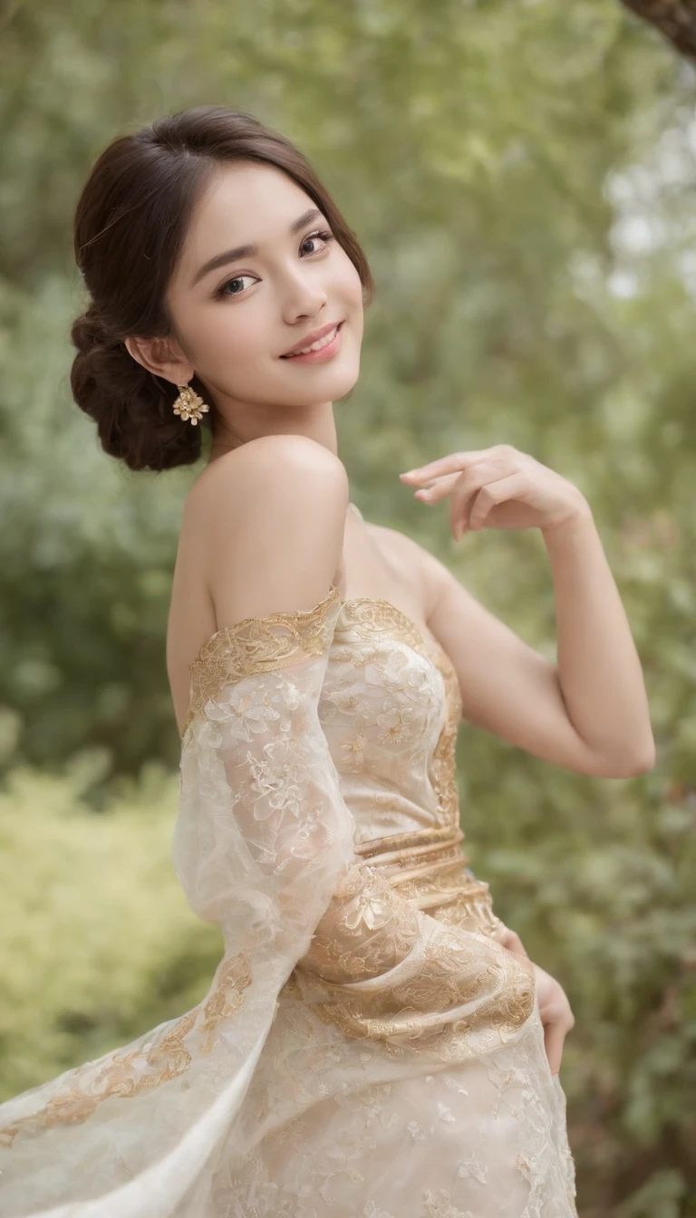 myth,argent,kebaya,gold,Scroll,batik,sleeveless, treasure,temple garden, smile, 19 year old girl, cute girl, beautiful girl, indonesian model, white healthy skin, delicate eyes, completely naked, shows armpits, shows buttocks, tied-up hair, ethnic earrings, flower tiara, full body photo, realistic hands, realistic fingers, detailed hands, detailed fingers, (sexy body:1.2), (slim waist:1.2),