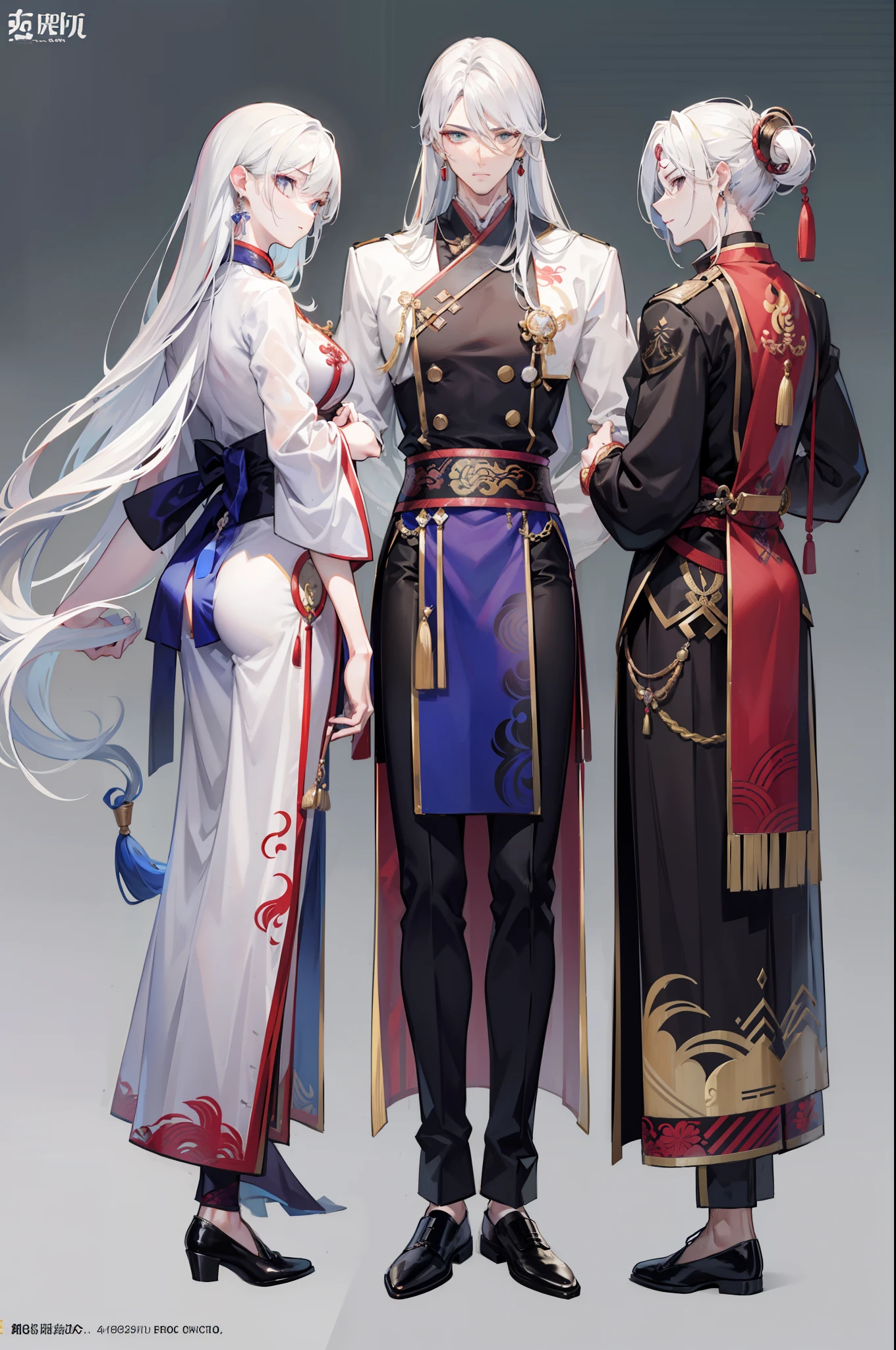 Character sheet, Handsome male. Perfect face, 6 ft 5 tall man. White hair. Long hair. Grey eyes. Eyepatch. Earrings. Toned body. Muscular male, character design sheet,full bodyesbian, Full of details, body front view, body back view, Full body, front and back view, muscle body, Traditional chinese clothes. Genshin Impact. Hydro vision. Bulge in pants. Liyue, ((Masterpiece, Highest quality)), Detailed face, character design sheet, full bodyesbian, Full of details, frontal body view, back body view, Highly detailed, Depth, Many parts,