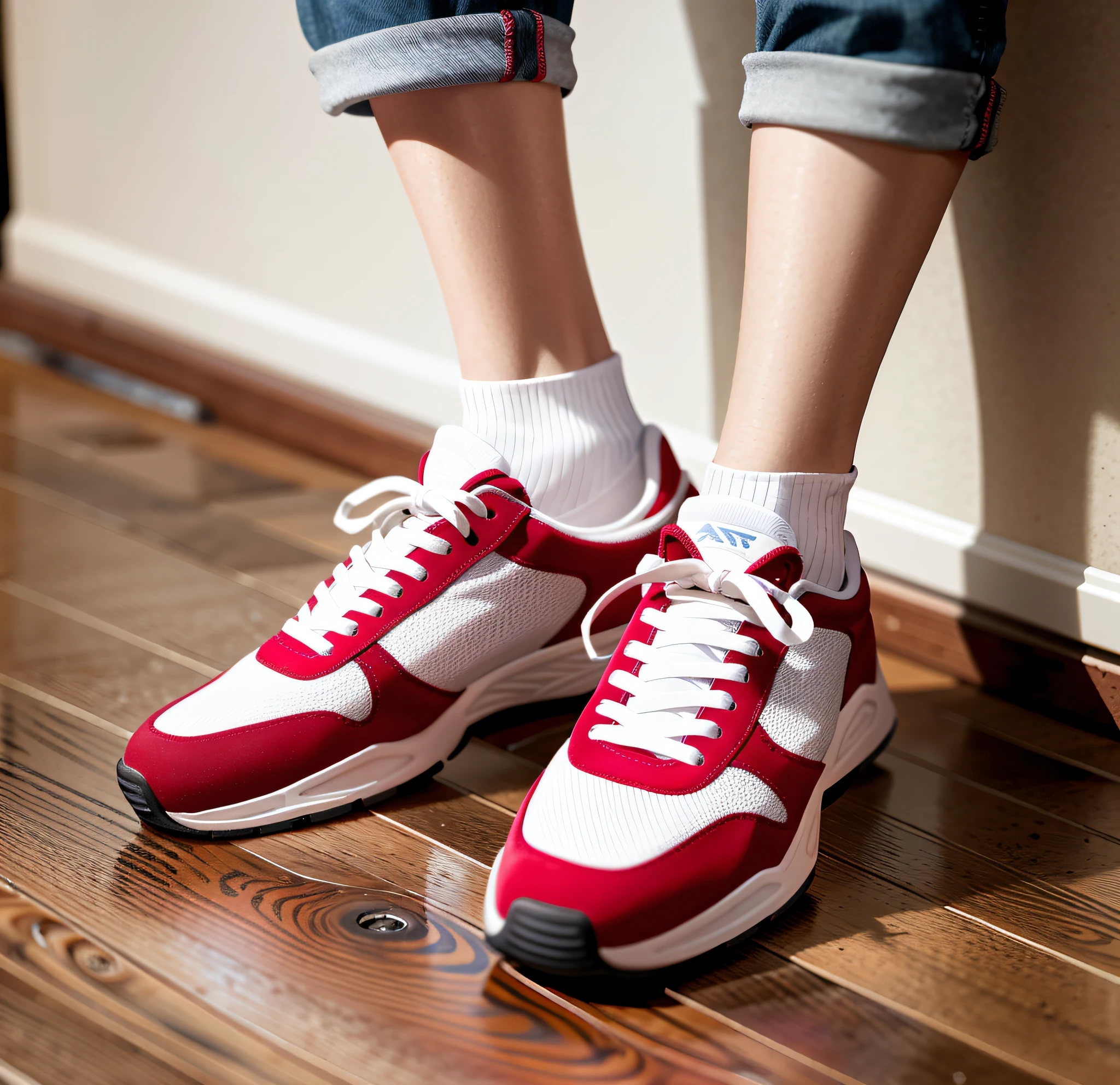 Alguien lleva zapatillas rojas y blancas y jeans en un piso de madera, Focus only on the shoes, usar zapatillas blancas, Patas traseras humanas y zapatillas de deporte, zapatos deportivos, Foto de zapatilla, Zapatos rojos, rojo blanco, Zapatillas de deporte, Granate y blanco, rojo y blanco, colores rojo y blanco, Zapatillas, Usar zapatos Converse rojos, Plataformas, zapatos blancos, Primer plano en las piernas