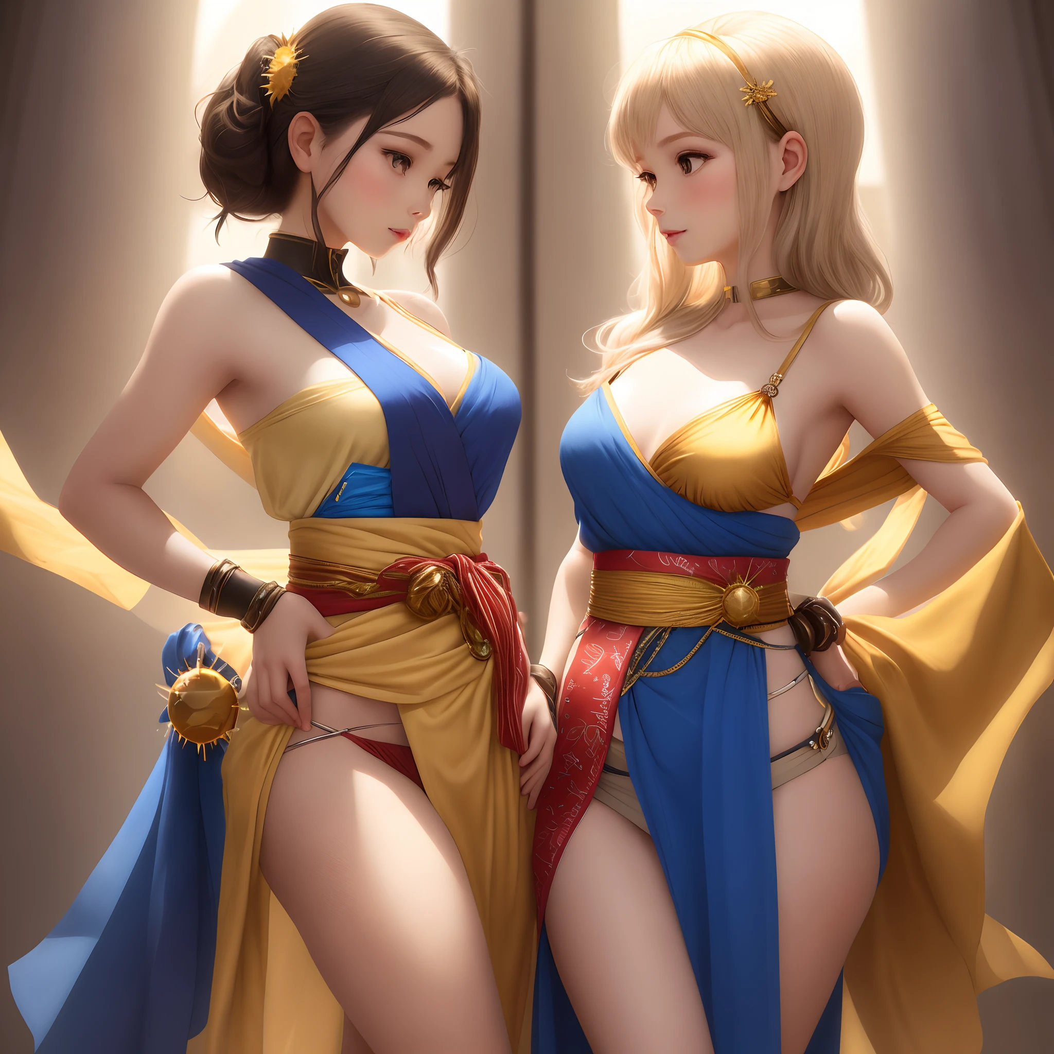 The loincloth is made from the same shimmering golden fabric, ensuring a cohesive and elegant look.It features a stylish asymmetrical cut, draping gracefully down her left leg. The right side is shorter, allowing for ease of movement and a touch of flair.To keep it in place, a wide, golden sash wraps around her waist, tying at her left hip.The sash is adorned with a small sun-shaped buckle, serving both as a decorative element and a functional fastener.