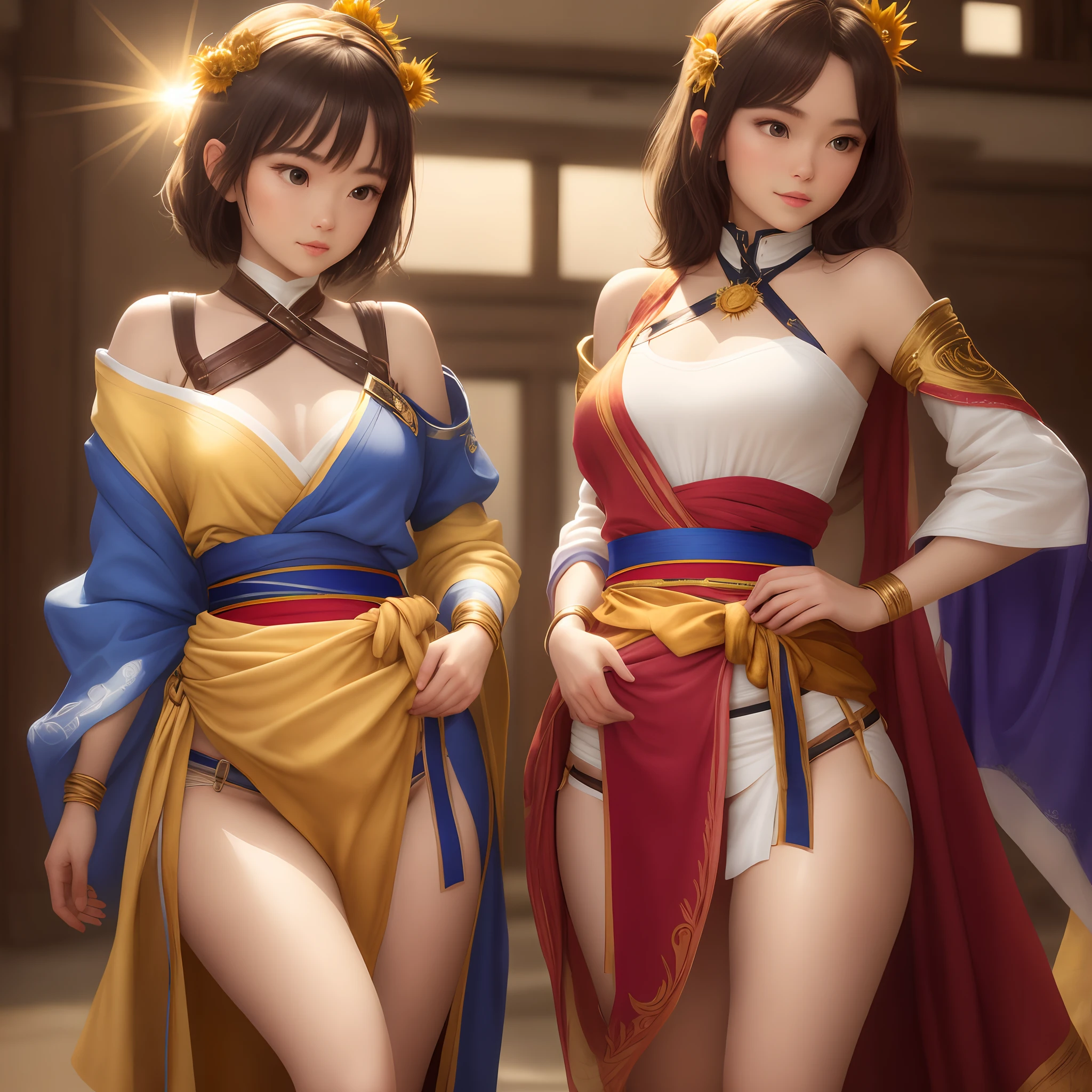 The loincloth is made from the same shimmering golden fabric, ensuring a cohesive and elegant look.It features a stylish asymmetrical cut, draping gracefully down her left leg. The right side is shorter, allowing for ease of movement and a touch of flair.To keep it in place, a wide, golden sash wraps around her waist, tying at her left hip.The sash is adorned with a small sun-shaped buckle, serving both as a decorative element and a functional fastener.
