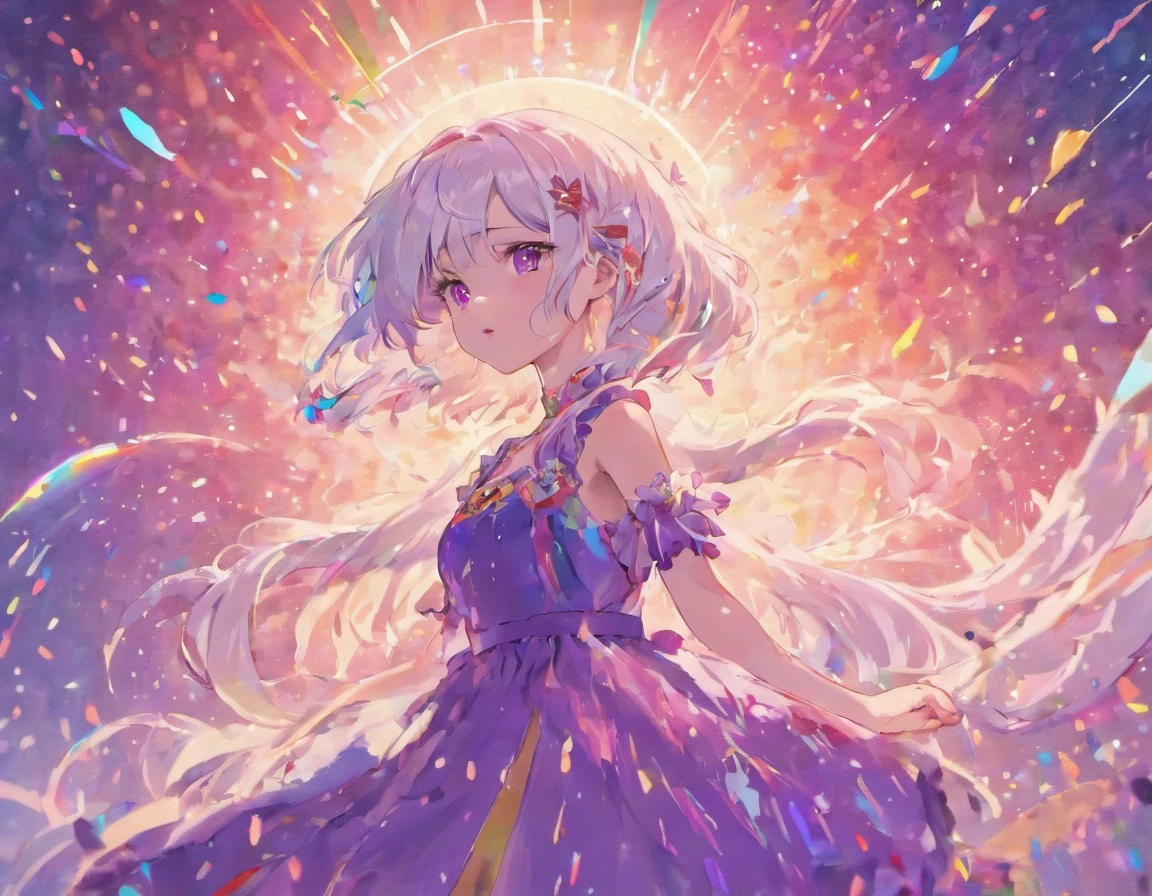 Girl with white hair, rainbow eyes, purple dress, crying