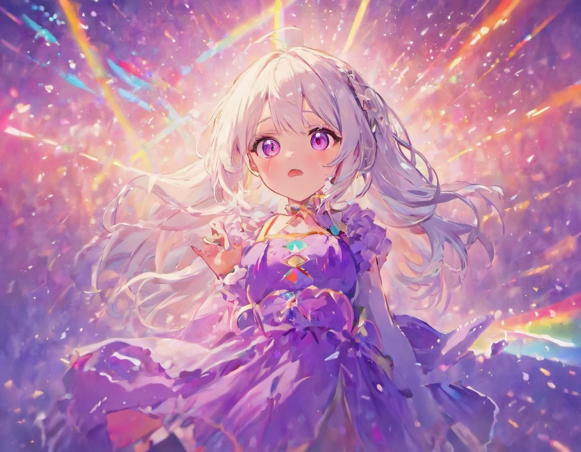 Girl with white hair, rainbow eyes, purple dress, crying