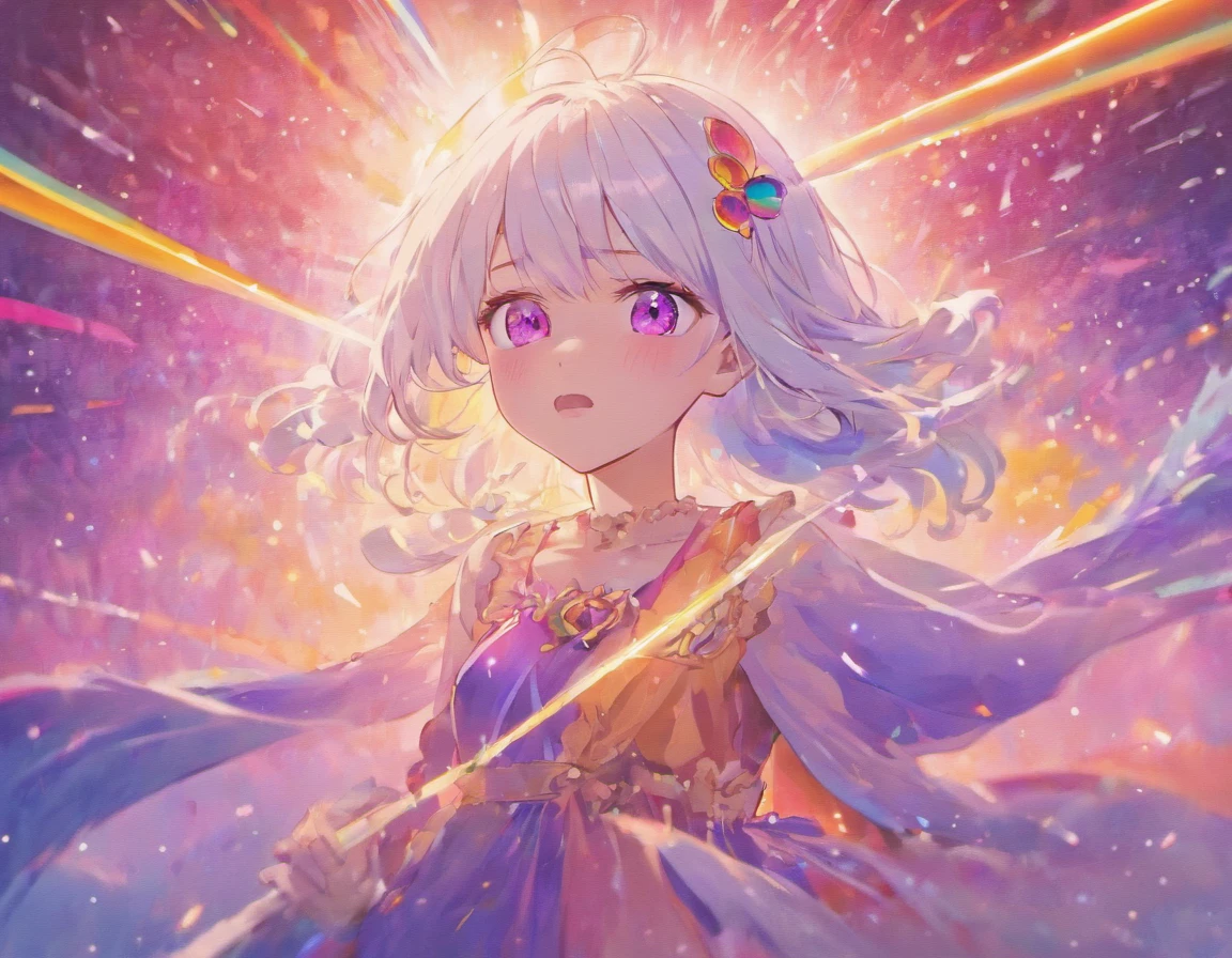 Girl with white hair, rainbow eyes, purple dress, crying