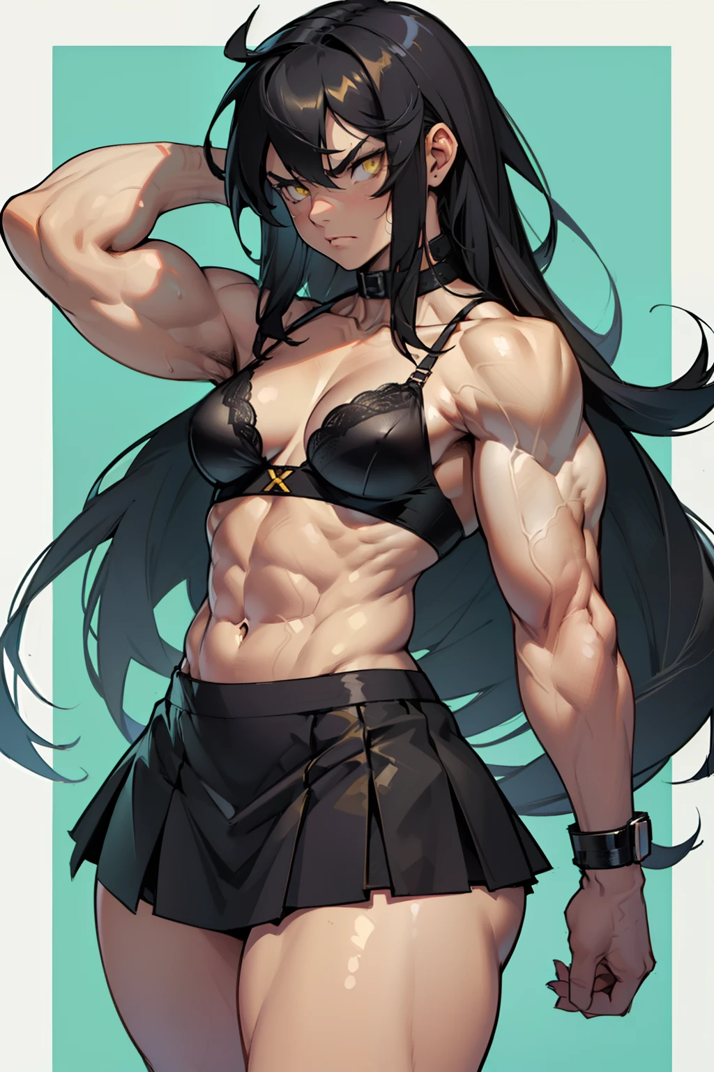 (((((muscular 1 girl))))), (((thick thighs, small breasts, toned body 1 girl))), black hair, yellow eyes, angry, (tiny bra skirt very long hair pale skin) navel