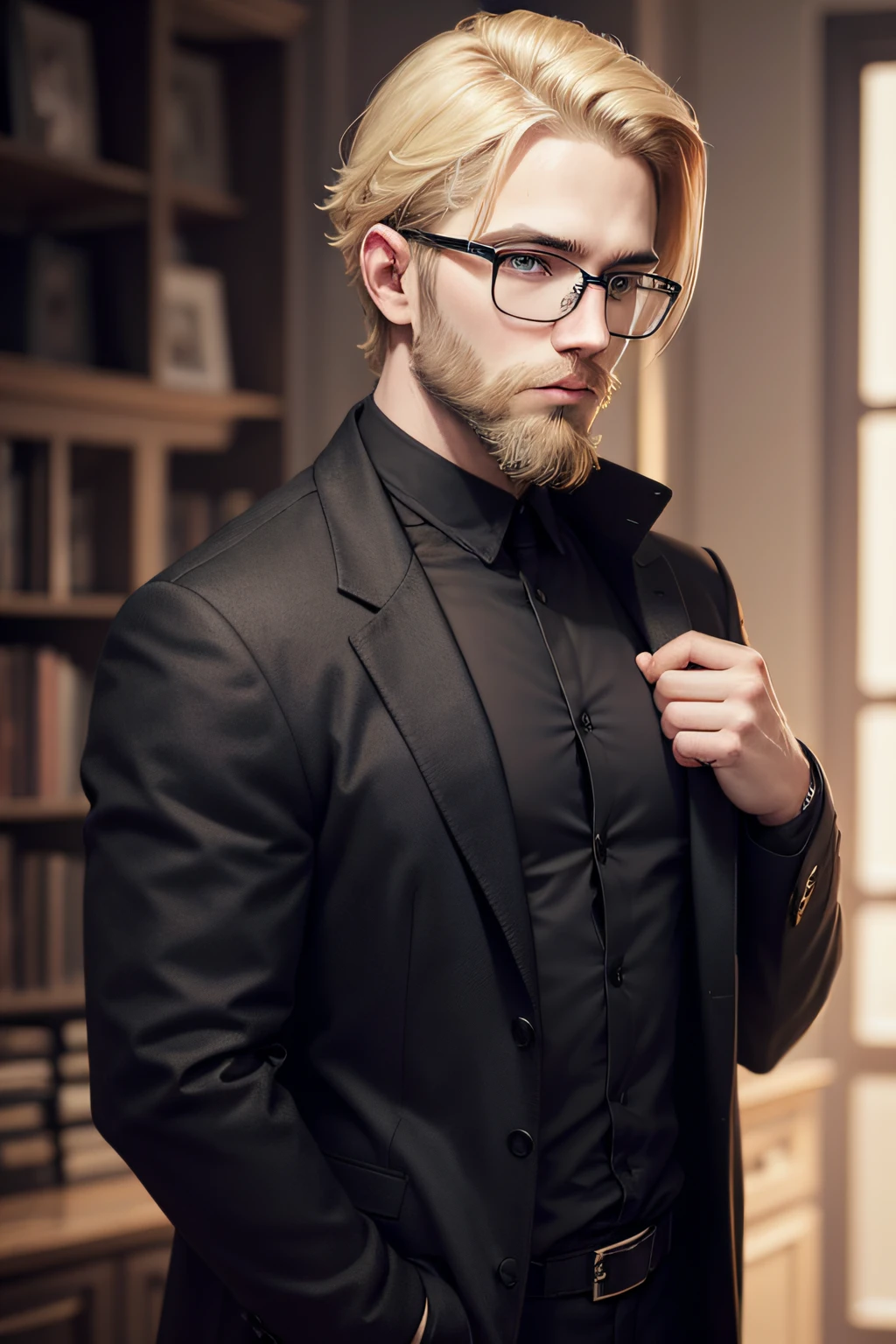 blond man with glasses and beard wearing black jacket and black shirt