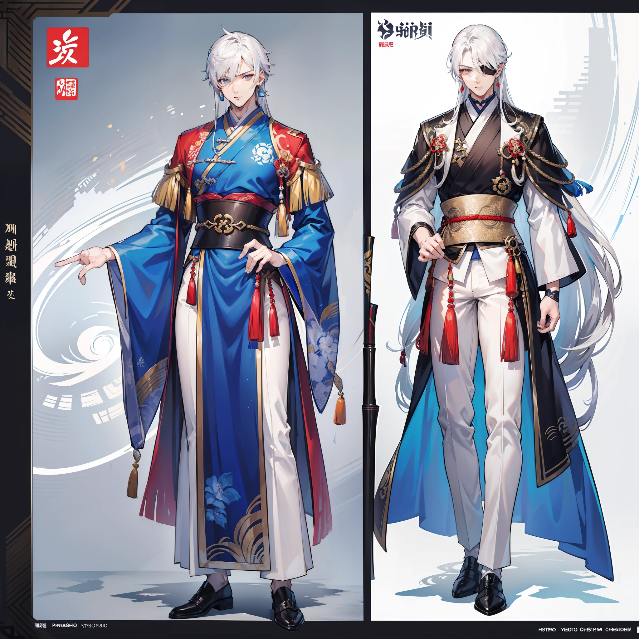 Character sheet, Handsome male. Perfect face, 6 ft 5 tall man. White hair. Long hair. Grey eyes. Eyepatch. Earrings. Toned body. Muscular male, character design sheet,full bodyesbian, Full of details, body front view, body back view, Full body, front and back view, muscle body, Traditional chinese clothes. Genshin Impact. Hydro vision. Bulge in pants. Liyue, ((Masterpiece, Highest quality)), Detailed face, character design sheet, full bodyesbian, Full of details, frontal body view, back body view, Highly detailed, Depth, Many parts,