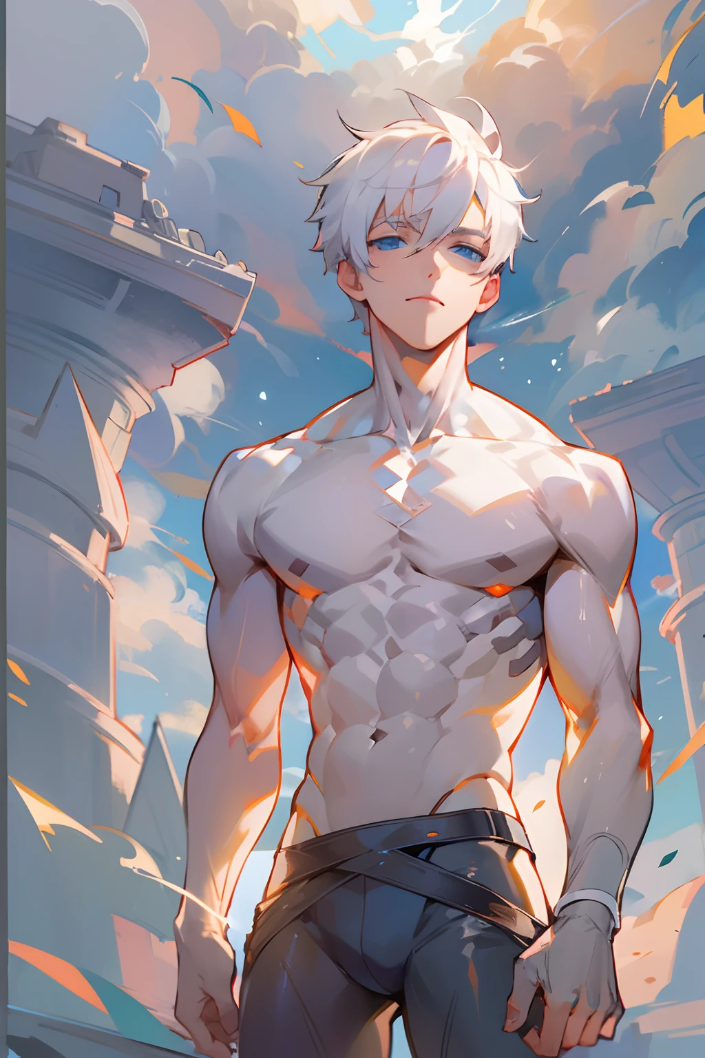 1 men, short White hair, beautiful face, defined body, sky blue eyes