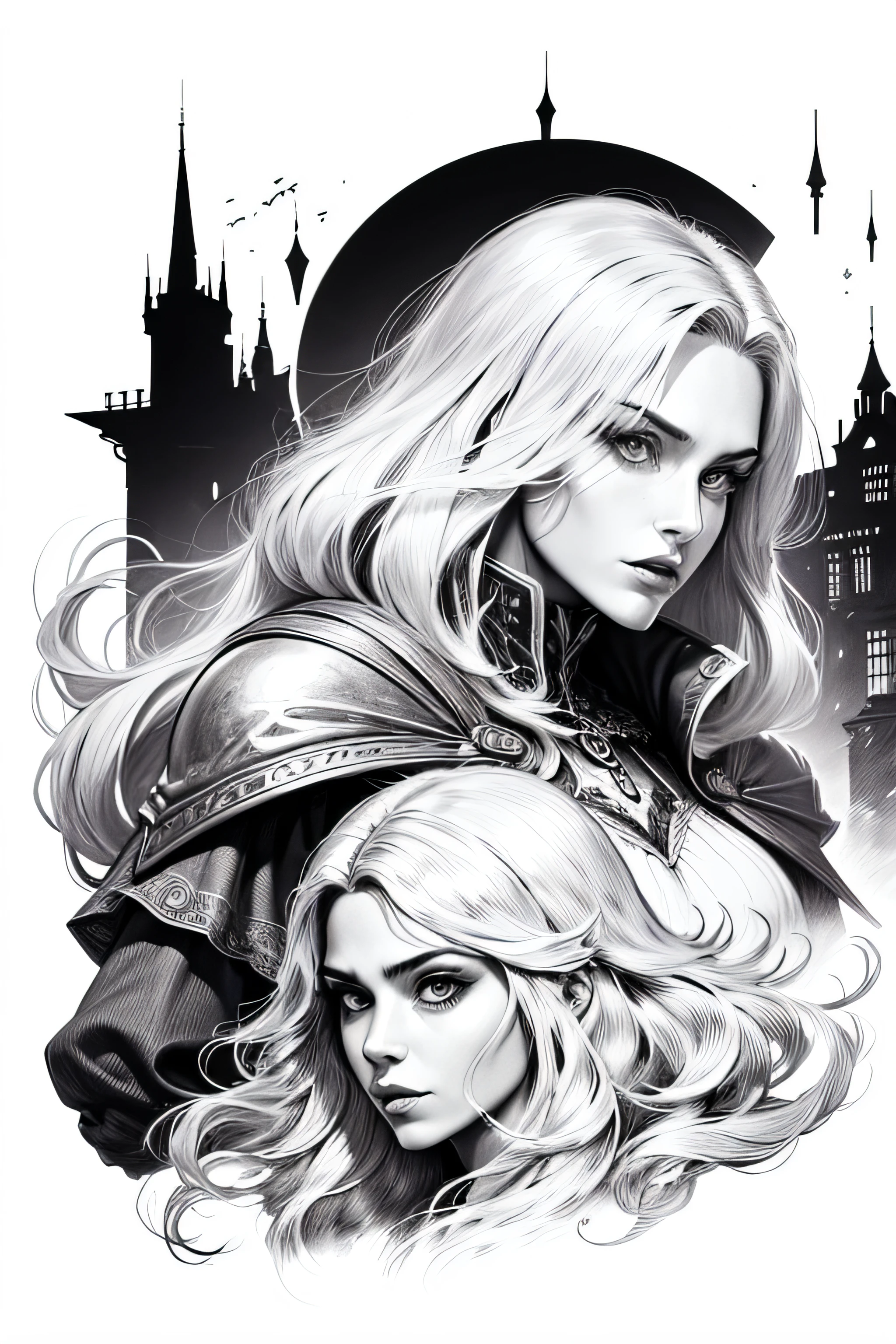 Obra-prima, Castlevania Senhor das Sombras hiper realista super detalhado , Fundo branco, monocromatic, Desenho de linhas, ((desenho))