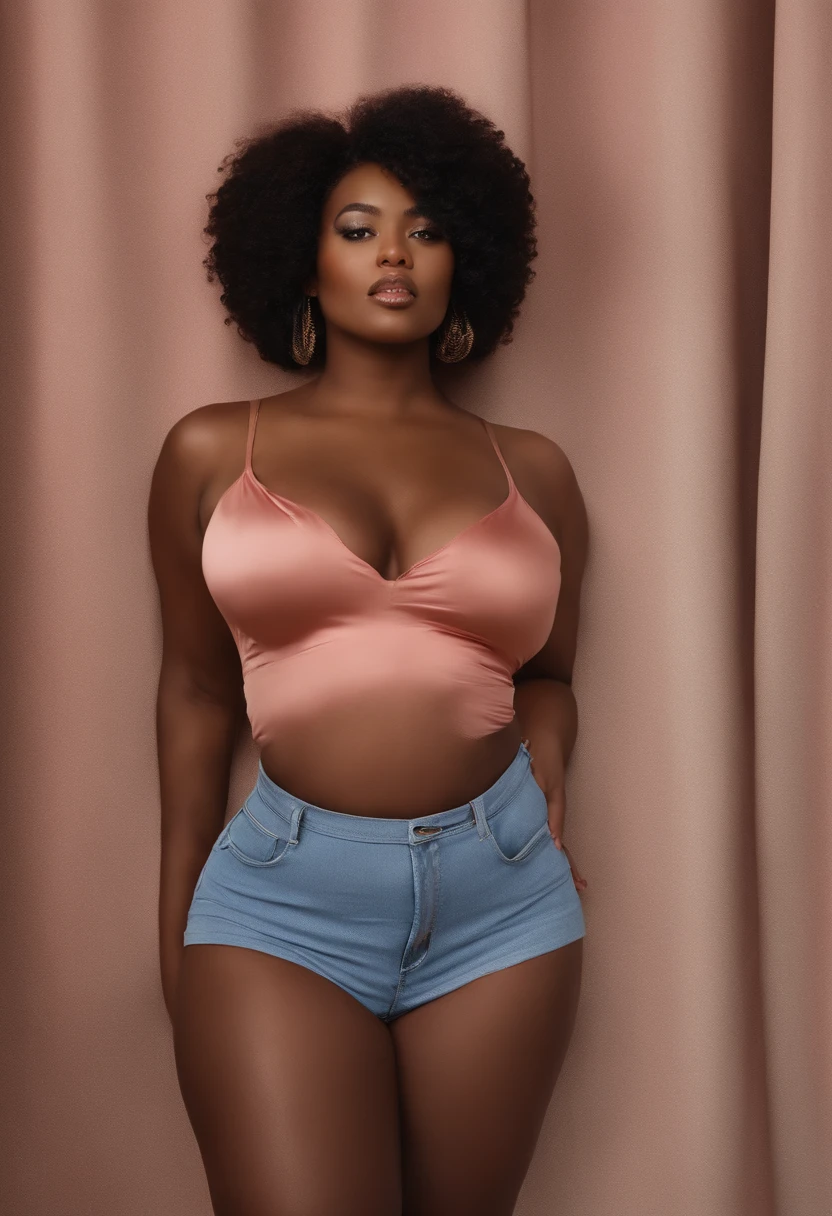 Portrait of a curvy black woman with large breasts and clammy skin, short hair, corps entier, jupe moulante blanche,  chemise rose, high resolucion, NSFW.