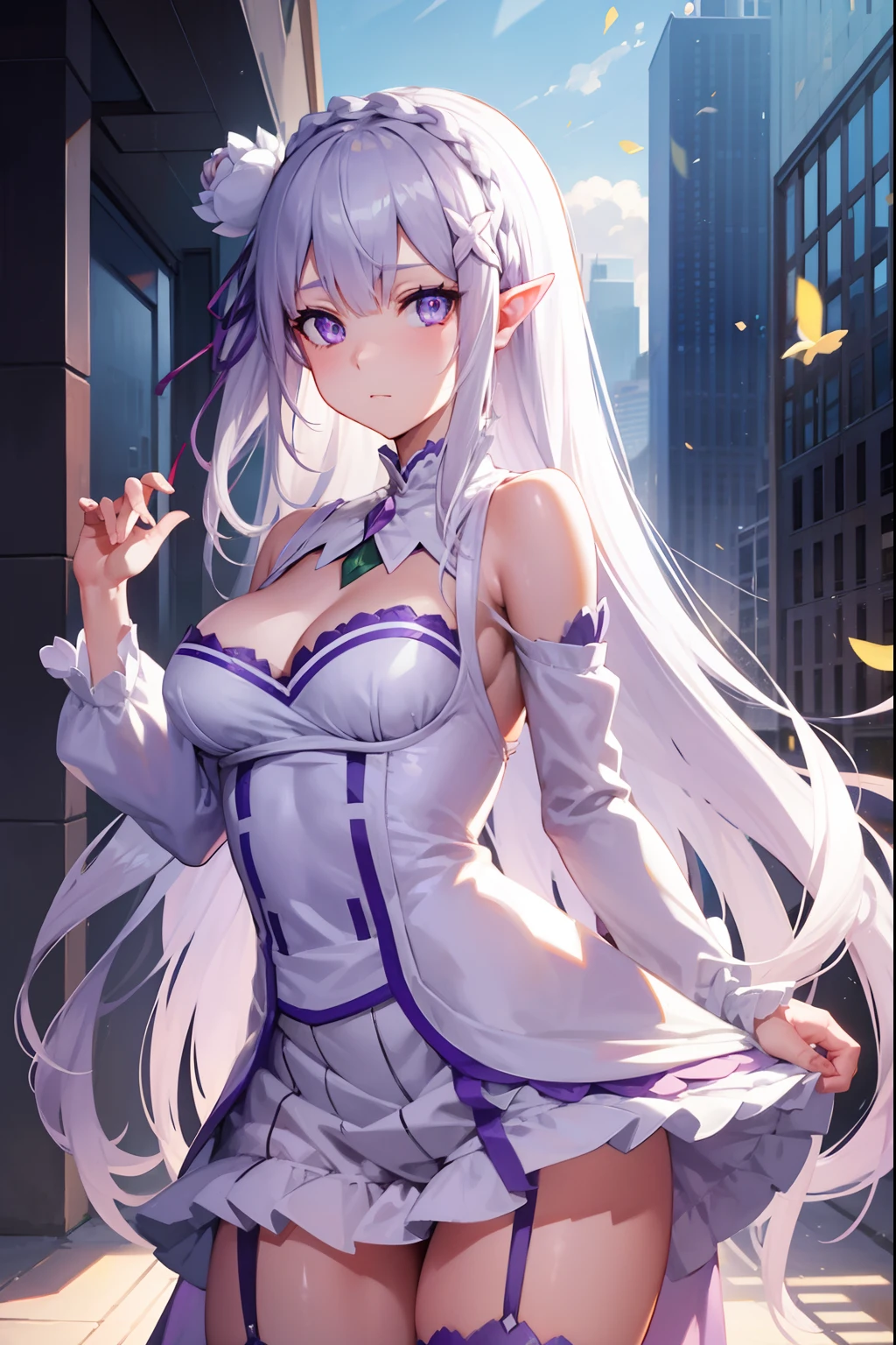 rezeroemilia, emilia, braid, crown braid, flower, hair flower, hair ornament, hair ribbon, long hair, pointy ears, (purple eyes:1.2), white hair, x hair ornament,
BREAK white bunny suit, sexy, skin tight, medium breasts, cleavage, bunny ears, fishnets, garter straps, zettai ryouiki,
BREAK outdoors, city,
BREAK looking at viewer, cowboy shot, full body, BREAK (masterpiece:1.2), best quality, high resolution, unity 8k wallpaper, (illustration:0.8), (beautiful detailed eyes:1.6), extremely detailed face, perfect lighting, extremely detailed CG, (perfect hands, perfect anatomy),