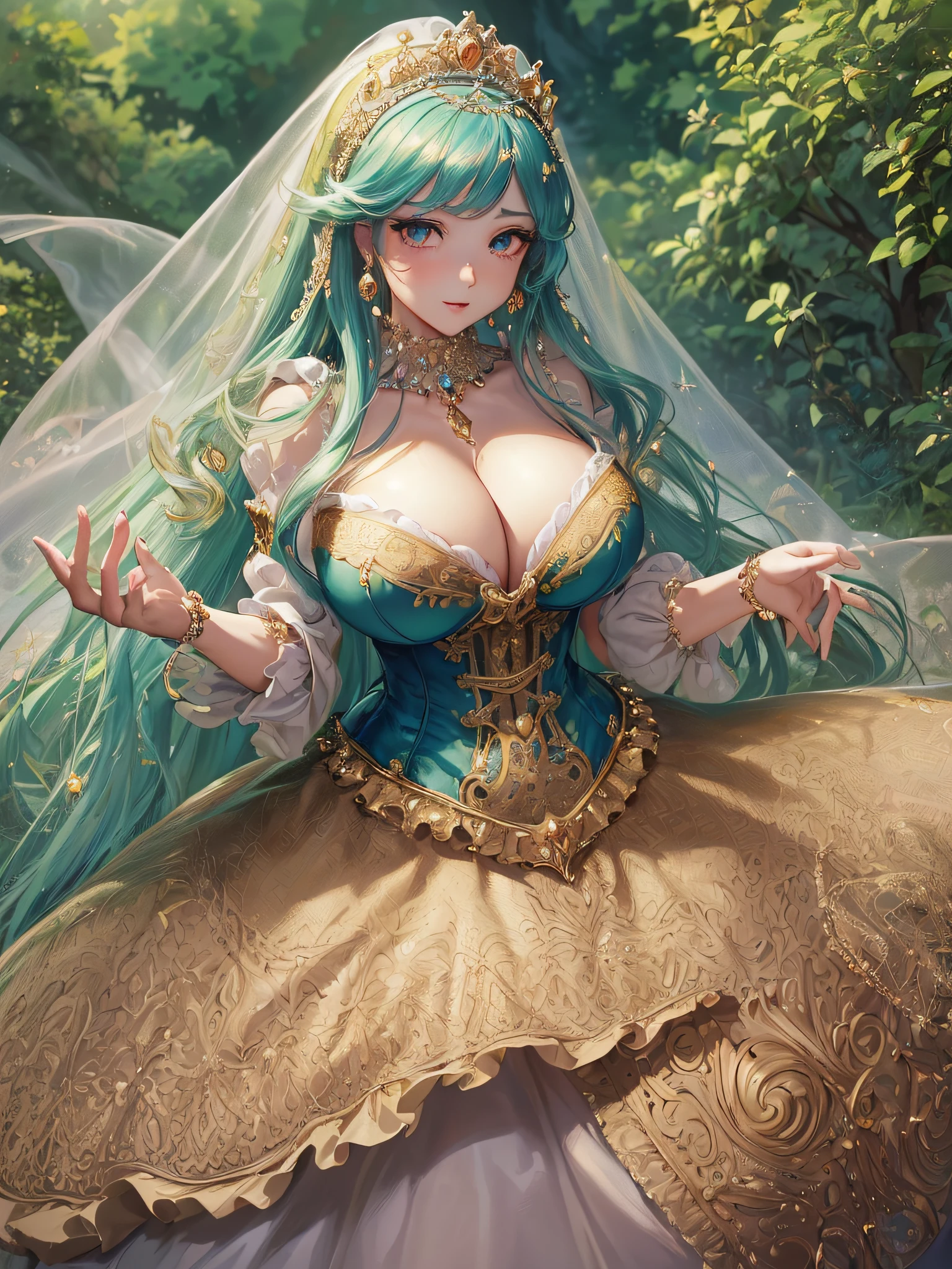 ((anime artstyle)),(Masterpiece),(Best Quality), (Super Detail),((Very Delicate and Beautiful)),cinematic lighting,1 girl,((full body portrait)),((standing in garden)),((solo)),(((1 fairytale princess in gorgeous embroidery and jeweled extremely gorgeous rococo princess ballgown with voluminous full length hoop skirt))),an hourglass waist,padded and corseted bodice,(((huge crinoline hoopskirt))),long train,((gorgeous embroidery and jeweled)),voluminous frills,See-through,(((extremely gigantic tits,skindentation))),cleavage,((absurdly Long Straight Hair,extremely voluminous Straight long Hair,absurdly Long Straight Hair)),(finely detailed face and eyes),clear pupil,extremely gorgeousfull hair ornament,(bling-bling jeweled extremely gorgeousfull tiara),((bling-bling gorgeous gemstone jewelry)),gorgeous long veil,((ultra long gloves)),(beautiful background),(full body),((gorgeous embroidery and jeweled extremely gorgeous rococo princess ballgown with voluminous full length hoop skirt))