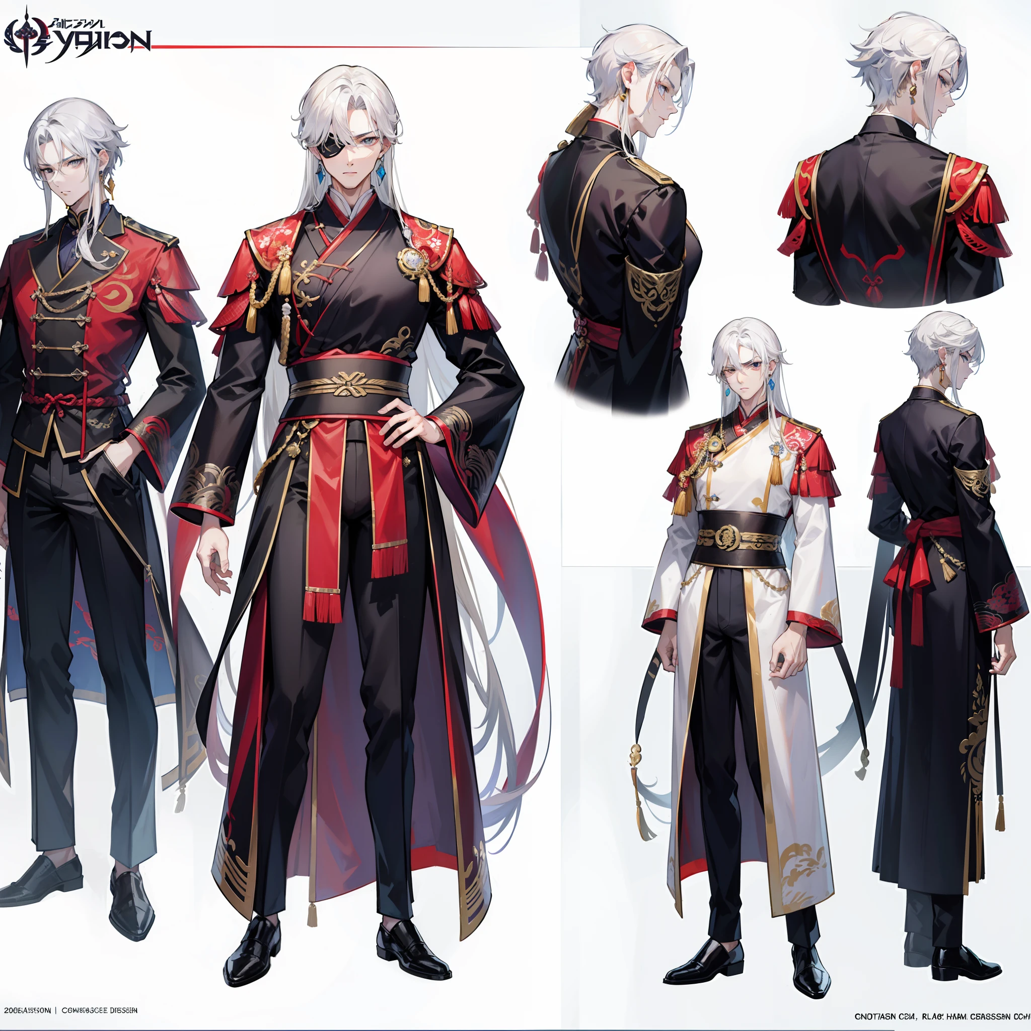 Character sheet, Handsome male. Perfect face, 6 ft 5 tall man. White hair. Long hair. Grey eyes. Eyepatch. Earrings. Toned body. Muscular male, character design sheet,full bodyesbian, Full of details, body front view, body back view, Full body, front and back view, muscle body, Traditional chinese clothes. Genshin Impact. Hydro vision. Bulge in pants. Liyue, ((Masterpiece, Highest quality)), Detailed face, character design sheet, full bodyesbian, Full of details, frontal body view, back body view, Highly detailed, Depth, Many parts,