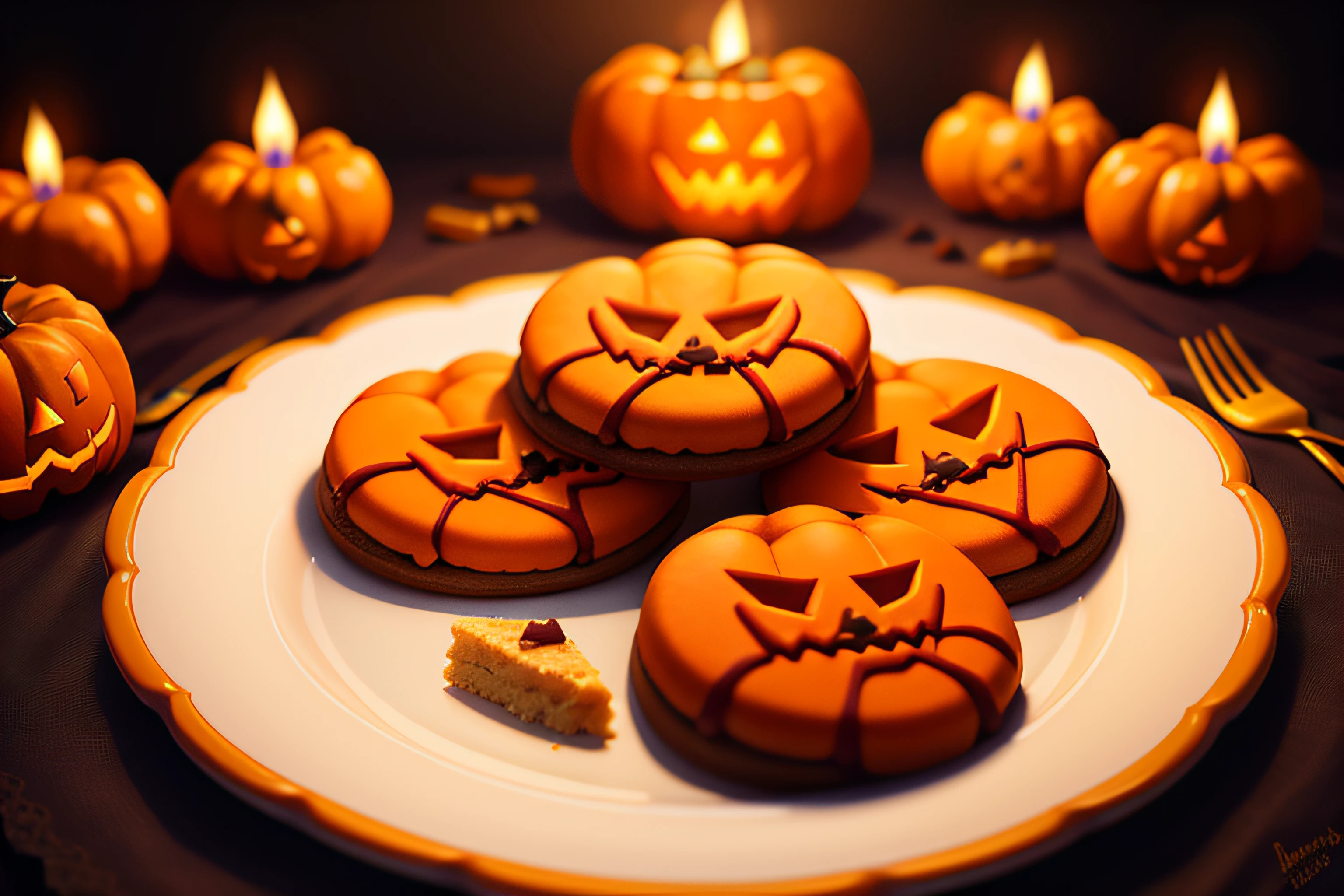 (raw photo), a plate of halloween themed cookies on a table, orange and white, halloween pumpkin, skull, ghost, bat, foodphoto, blurred background, full view, 8k, photorealistic image, excellent quality.