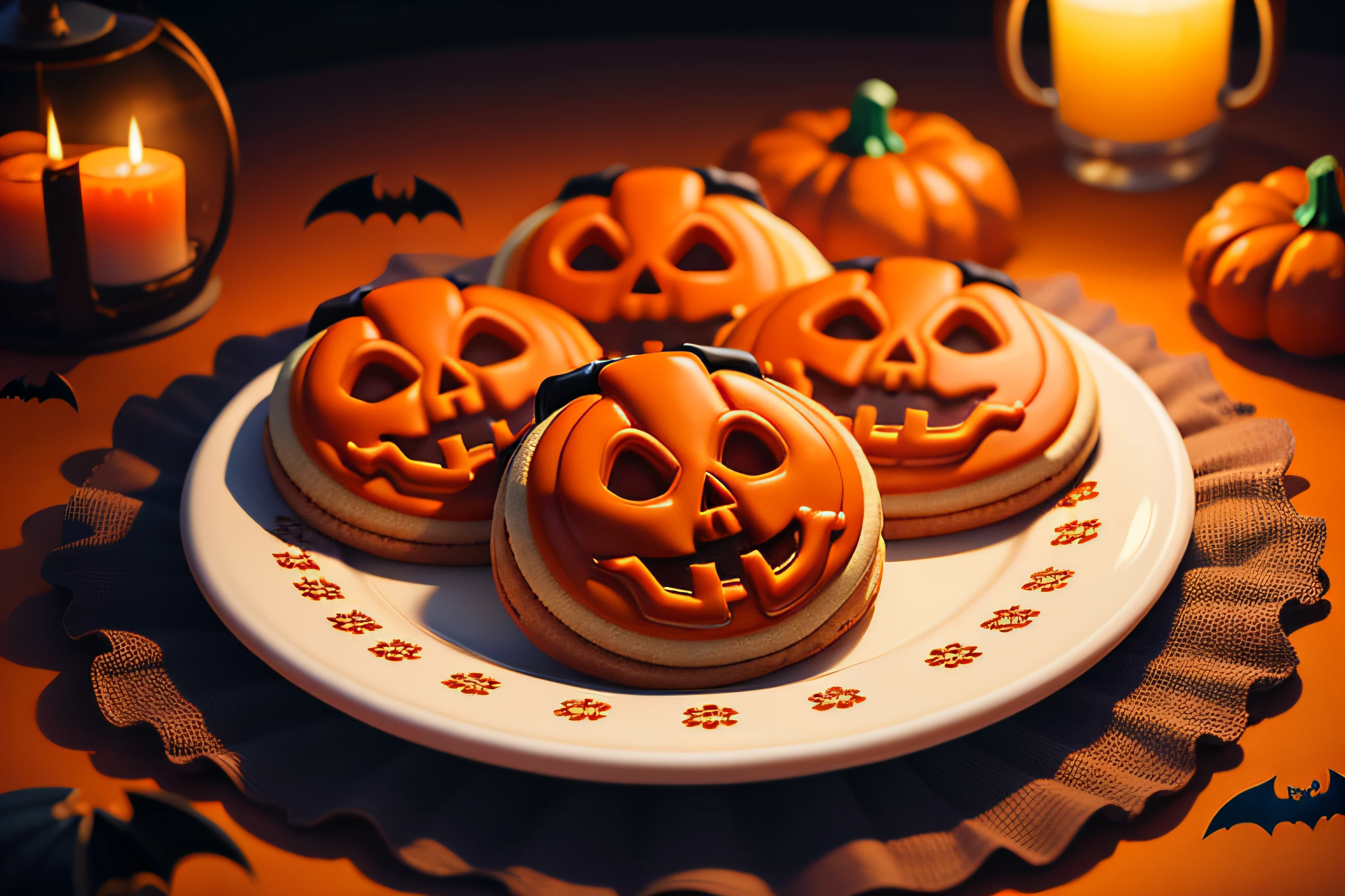 (raw photo), a plate of halloween themed cookies on a table, orange and white, halloween pumpkin, skull, ghost, bat, foodphoto, blurred background, full view, 8k, photorealistic image, excellent quality.