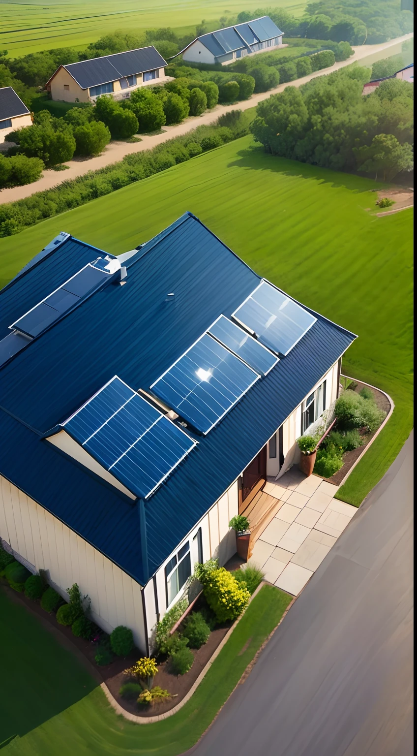 house with solar panels, sun shining on them, clear blue sky, green garden, Ranch style brick home