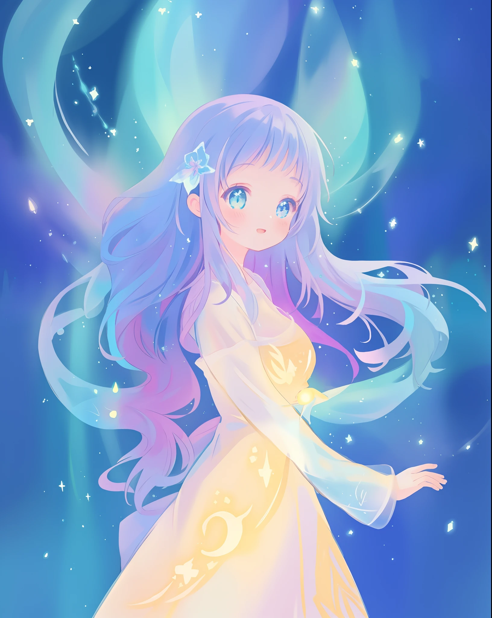 beautiful anime girl in multi-layered ballgown with puffy long sleeves, vibrant pastel colors, (colorful), magical lights, colorful long hair made of liquid light, sparkling lines of light, inspired by Glen Keane, inspired by Lois van Baarle, disney art style, by Lois van Baarle, glowing aura around her, by Glen Keane, jen bartel, glowing lights! digital painting, flowing glowing hair, glowing flowing hair, beautiful digital illustration, fantasia background, whimsical, magical, fantasy, beautiful face, ((masterpiece, best quality)), intricate details, highly detailed, sharp focus, 8k resolution, sparkling detailed eyes, liquid watercolor
