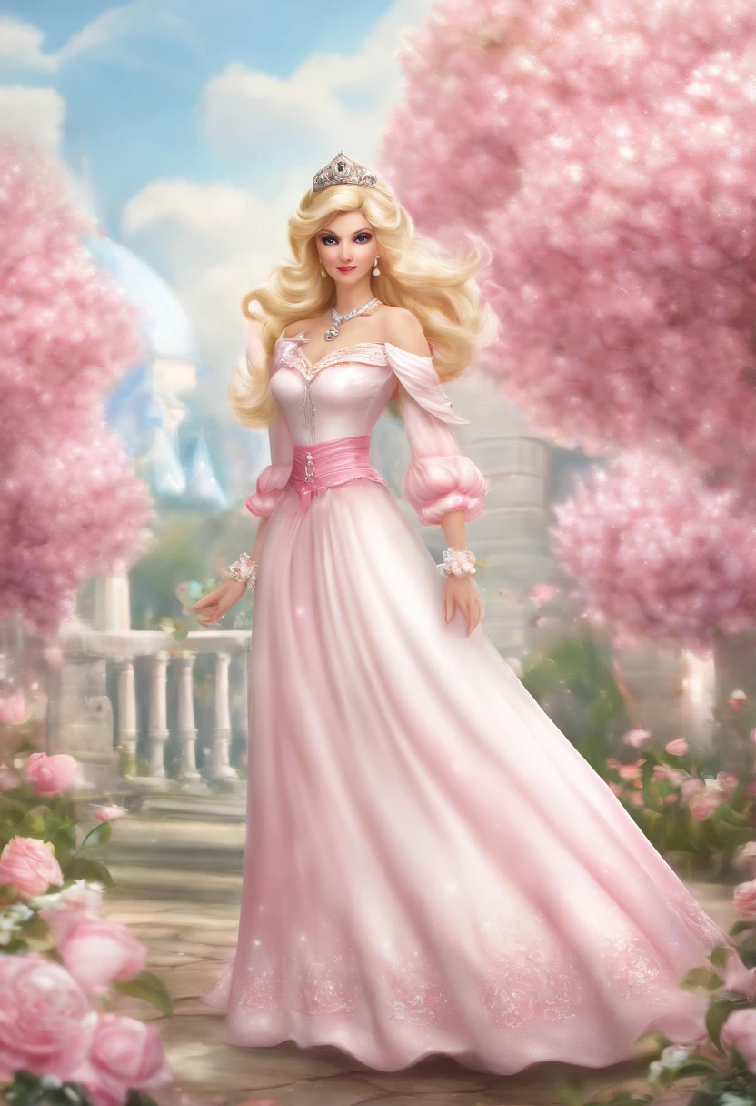 The blonde Barbie is charming, with long, shiny hair that flows smoothly down to the waist. Seus olhos azuis cintilantes refletem a alegria e a magia que a envolvem. Ela usa um elegante vestido rosa claro, repleto de detalhes brilhantes e rendas delicadas que parecem feitos de pura magia. Sua fantasia tem uma saia rodada e volumosa, conferindo-lhe um ar de princesa de conto de fadas.
in her hands, She holds a gleaming wand, that emits shimmering pink sparks whenever she swings it lightly. Um colar brilhante adornado com uma pedra preciosa em tom de rosa completa seu look.
The blonde Barbie is standing, no topo de uma colina verdejante, in a charming setting of a magical kingdom. Ao fundo, A majestic castle rises amid the rosy clouds of sunset. The sky is painted in soft shades of pink and gold, while small pink butterflies dance around her.
The gentle breeze sways the pink flowers that surround Barbie, while colorful birds sing sweet melodies in nearby trees. It's as if the whole world is coming together to celebrate her presence in that magical moment.
The expression on Barbie's face is one of pure joy and confidence, For she is about to embark on a journey of exciting adventures. She is the embodiment of beauty, grace and power, uma verdadeira rainha do mundo dos sonhos.