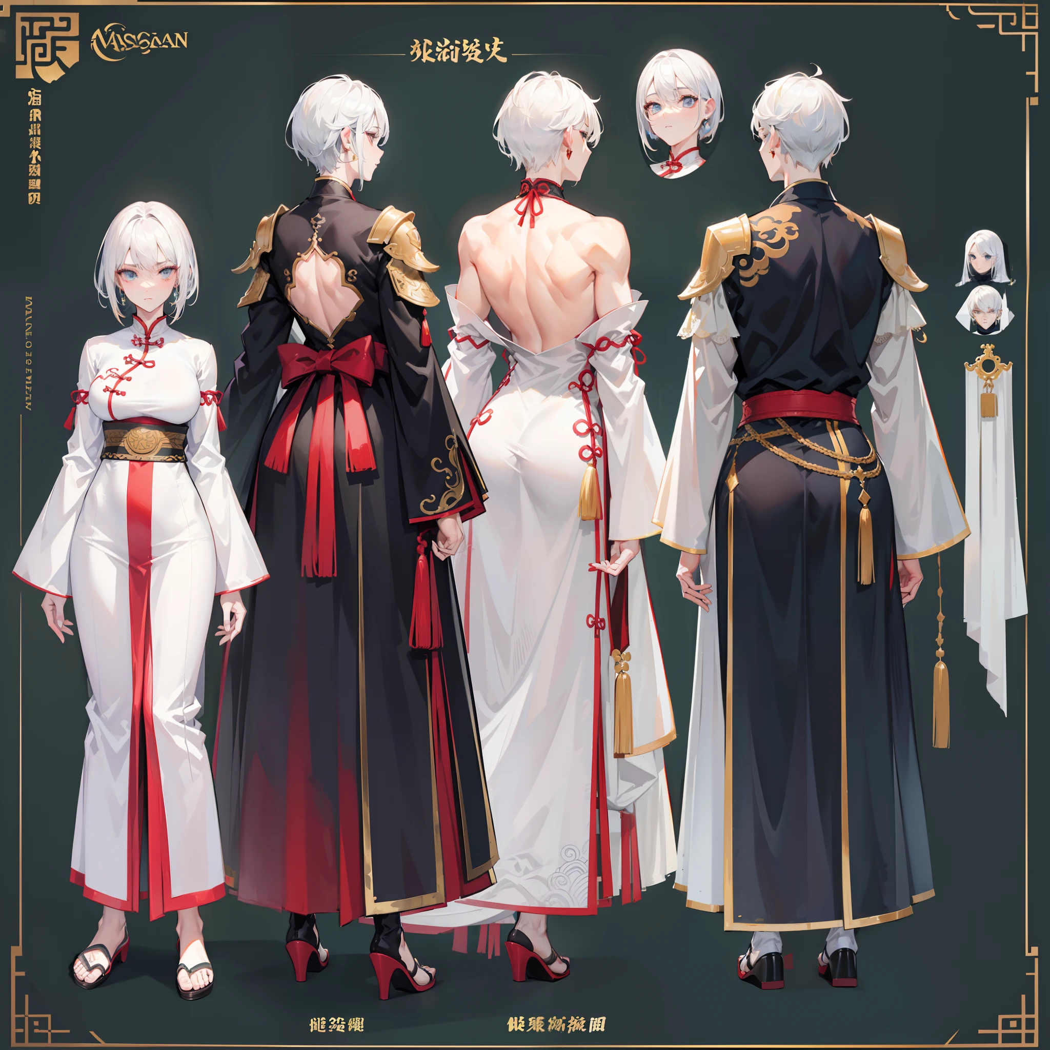 Character sheet, Handsome male. Perfect face, 6 ft 5 tall man. White hair. Short hair. Grey eyes. Eyepatch. Earrings. Toned body. Muscular male, character design sheet,full bodyesbian, Full of details, body front view, body back view, Full body, front and back view, muscle body, Traditional chinese clothes. Hydro vision. ((Masterpiece, Highest quality)), Detailed face, character design sheet, full body esbian, Full of details, frontal body view, back body view, Highly detailed, Depth, Many parts,