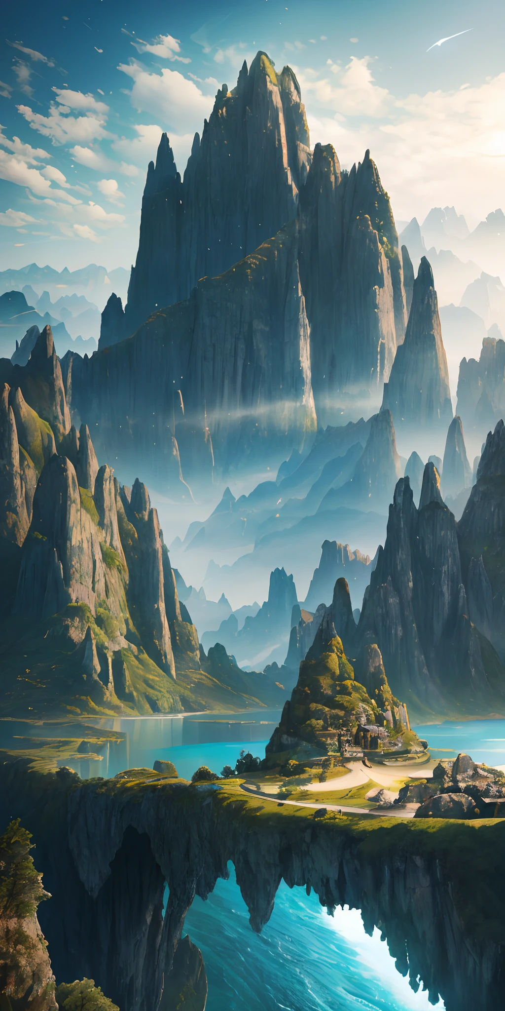 Masterpiece, best quality, high quality, extremely detailed CG unity 8k wallpaper, landscape, outdoor, sky, cloud, sky, no humans, mountain, landscape, water, tree, blue sky, waterfall, cliff, nature, lake, river , cloudy skies, award winning photography, bokeh, depth of field, HDR, bloom, chromatic aberration, photorealism, very detailed, trending on artstation, trending on CGsociety, intricate, high detail, dramatic, midjourney art