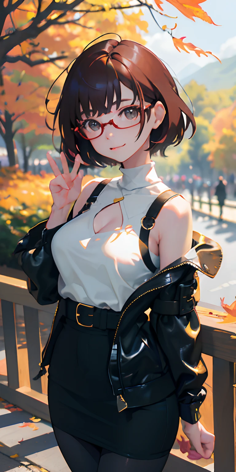 realisticlying、girl with、Outdoor Fashion、Autumn leaves Autumn leaves、Beautiful ginkgo tree、Wearing glasses, breasts slightly larger、Emphasizes cleavage、Sexy Posing、Nature views