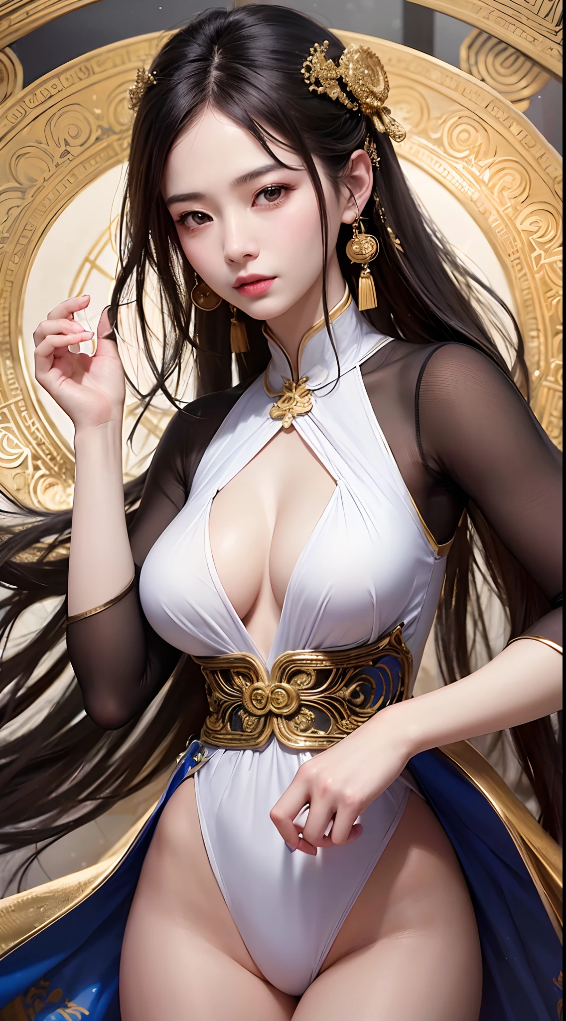 Best quality,Masterpiece,超高分辨率,(Photorealistic:1.4),xiuxian,arma,Detailed face,, 1girll,Solo,arma,cleavage,(Magical Circle:1.2),xiuxian,Upper body,Beautiful girl,full bodyesbian,east asian architecture,scabbard,architecture,