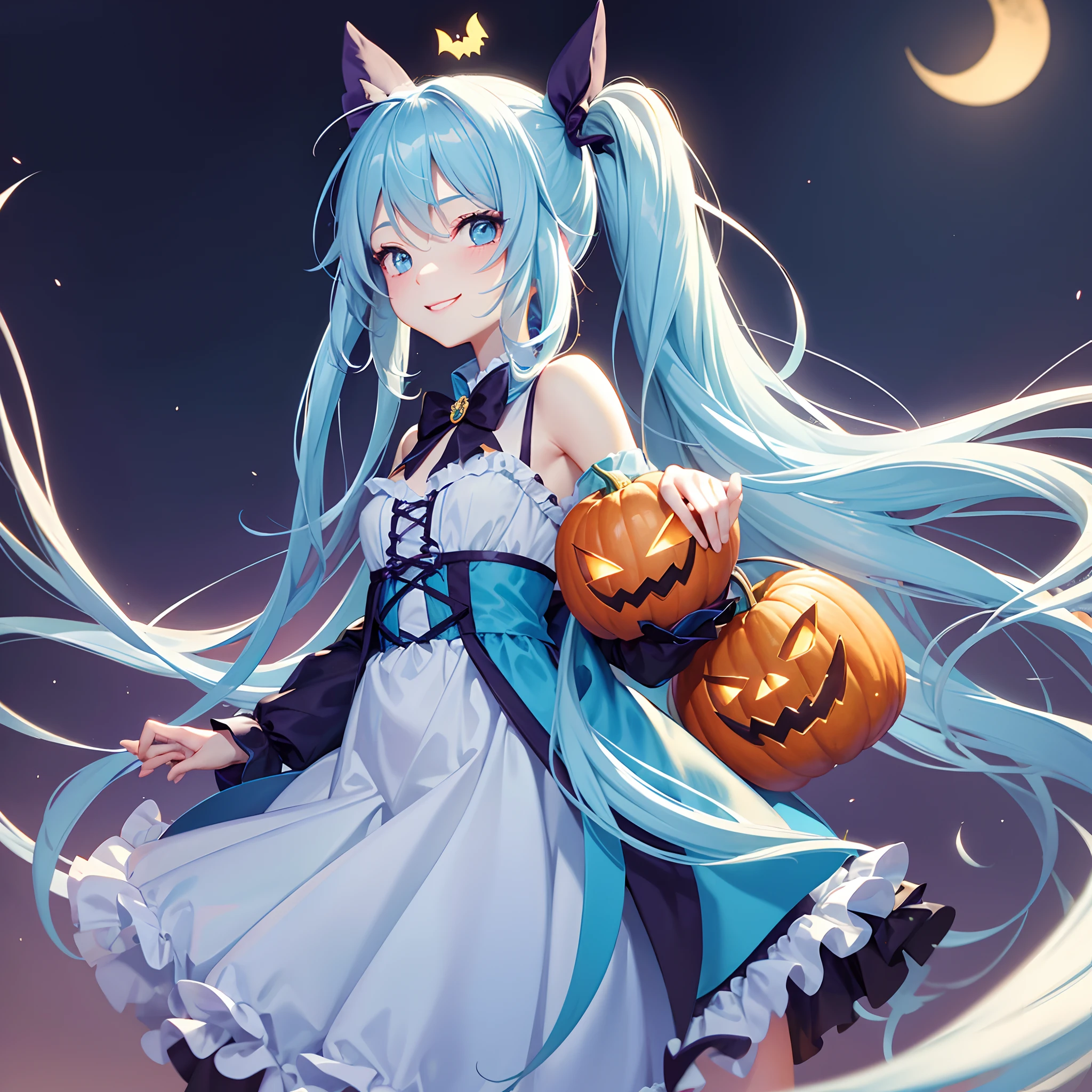 (Light blue medium hair),(Braided hair tied together)、Pink eyes、Fair skin、cowboy shot、Halloween、The background is a pumpkin ghost、Trick or Treat、A lot of sweets、Black cat、witch、Candy、Cosplay、A surprising smile、A dignified figure、solo、(masterpiece、Highest quality、Very detailed、Best Shadow)、(Detailed Background)、(Beautifully detailed face)、High contrast、(Best lighting、Very delicate and beautiful)、(Cinematic Light)、colorful、Hyper Detail、Dramatic Light、Exquisite detail、