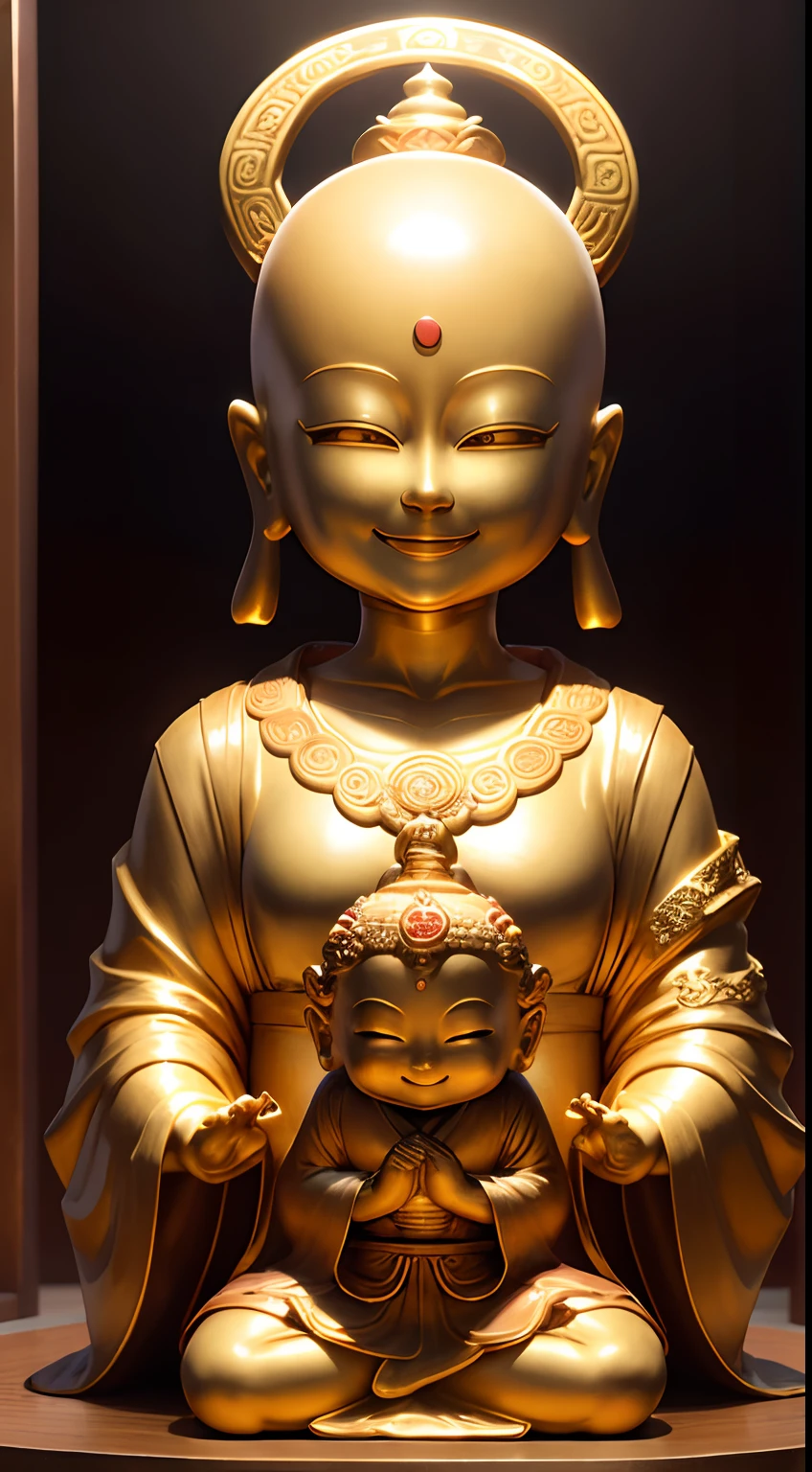 masutepiece, Best Quality, hight resolution,Fantastic,Upper body,1 old god men,bilaterally symmetrical,benzaiten,daikokuten,Buddhist statue sculpture, Bald, Smile, shining background,Halo,golden colors,Golden kimono,Japanese dress,Clothes,sacredness,Smiling face