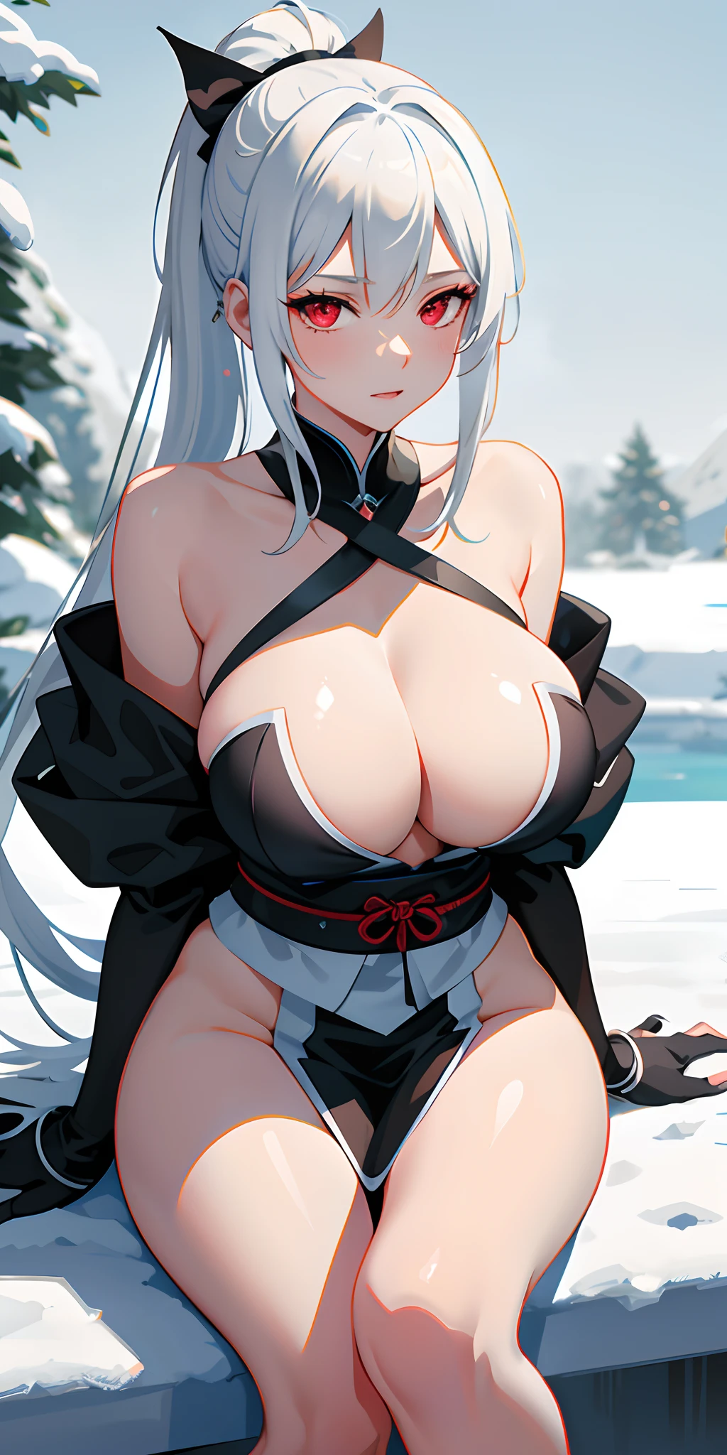 (Best quality) 1 ice witch, big boobs, white hair in a ponytail, red eyes, sitting down in snow, with a katana, naked